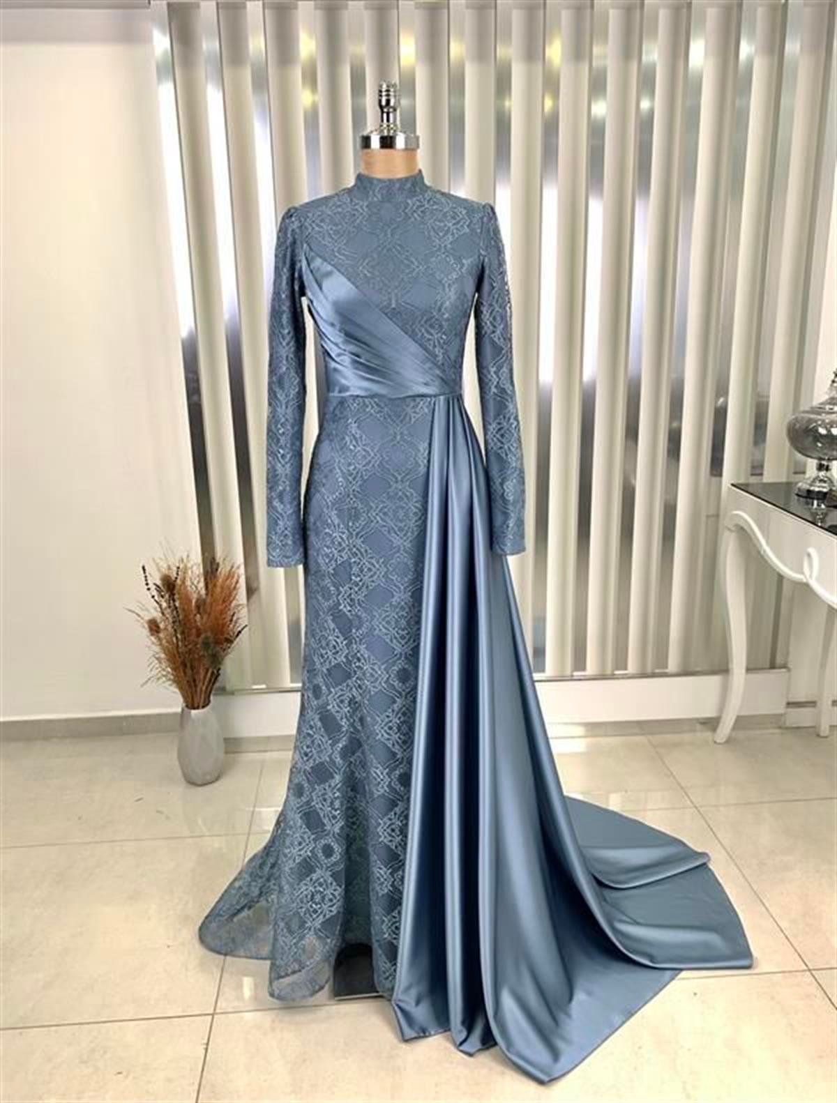 Mihru Lace Drapery Hijab Evening Dress Indigo