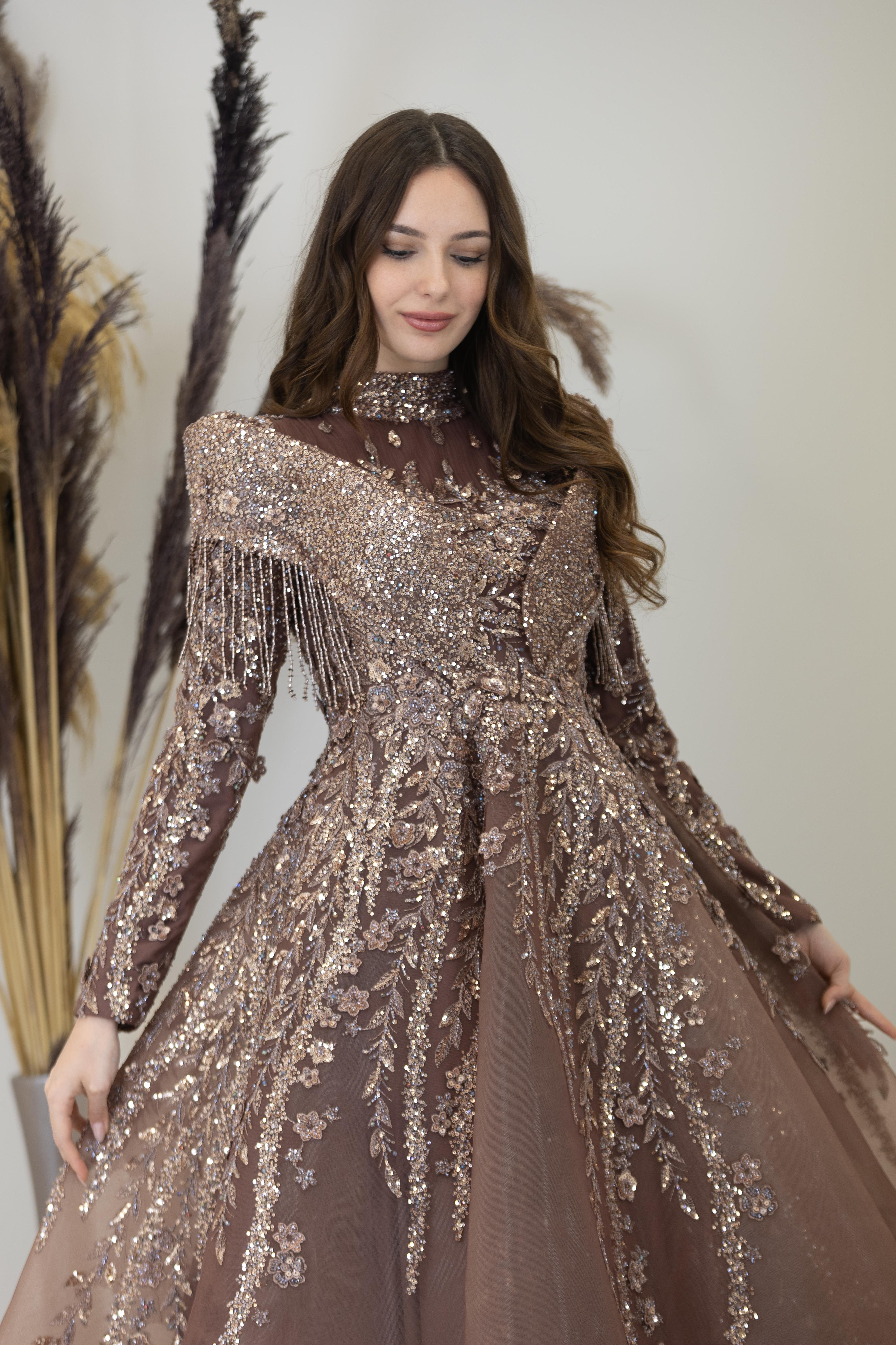 Omuzları V Drape Asel Abiye - Bakır