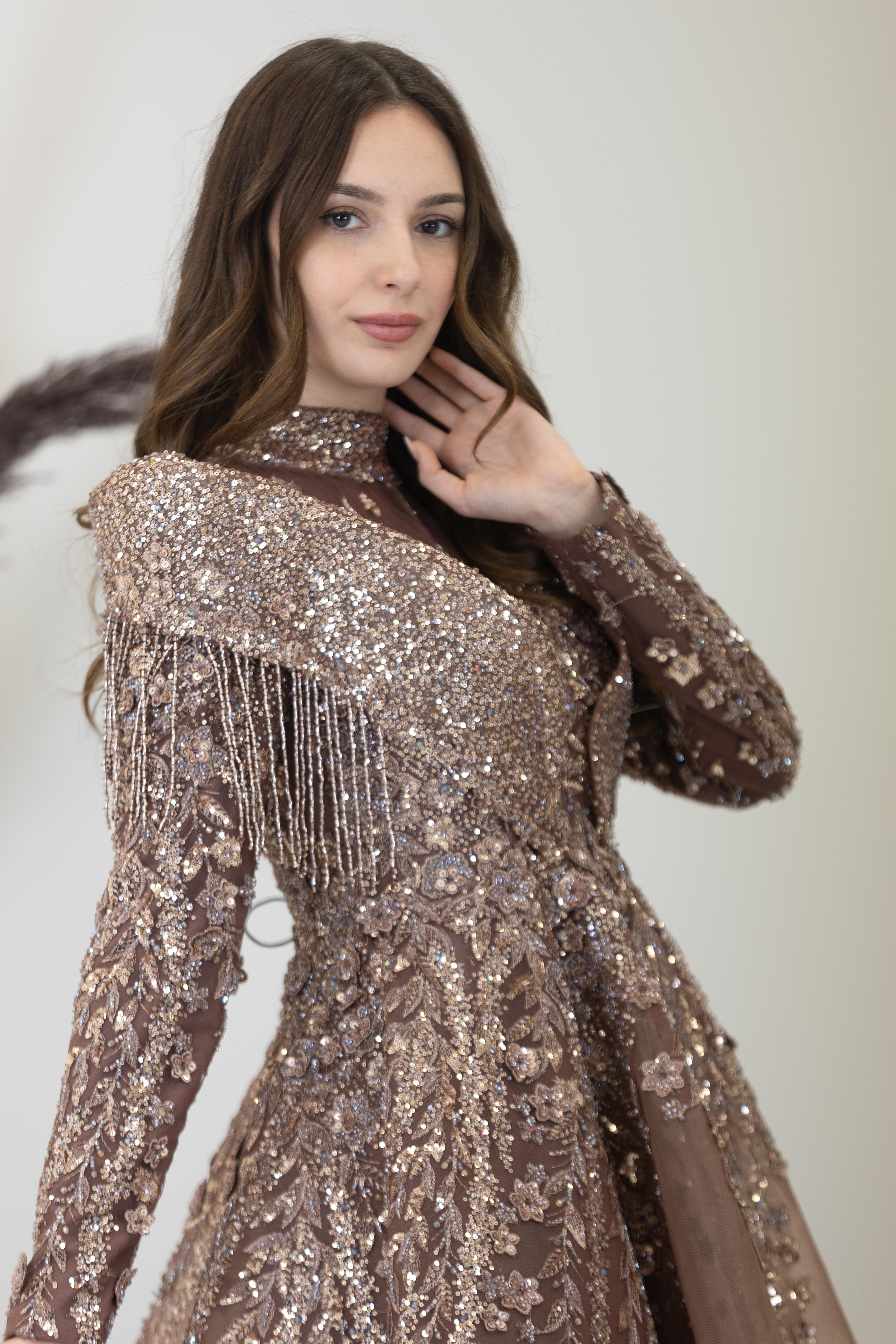 Omuzları V Drape Asel Abiye - Bakır