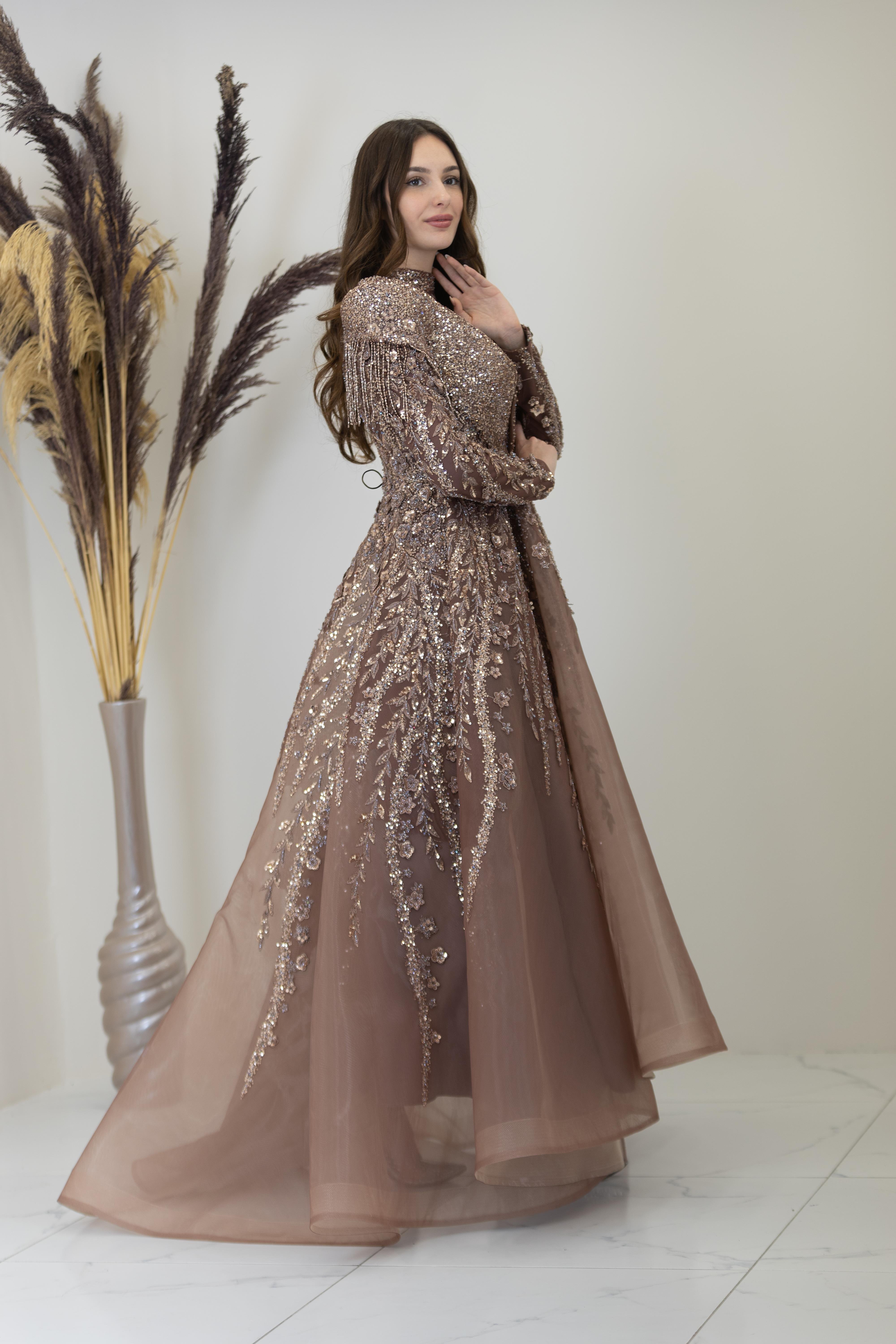 Omuzları V Drape Asel Abiye - Bakır