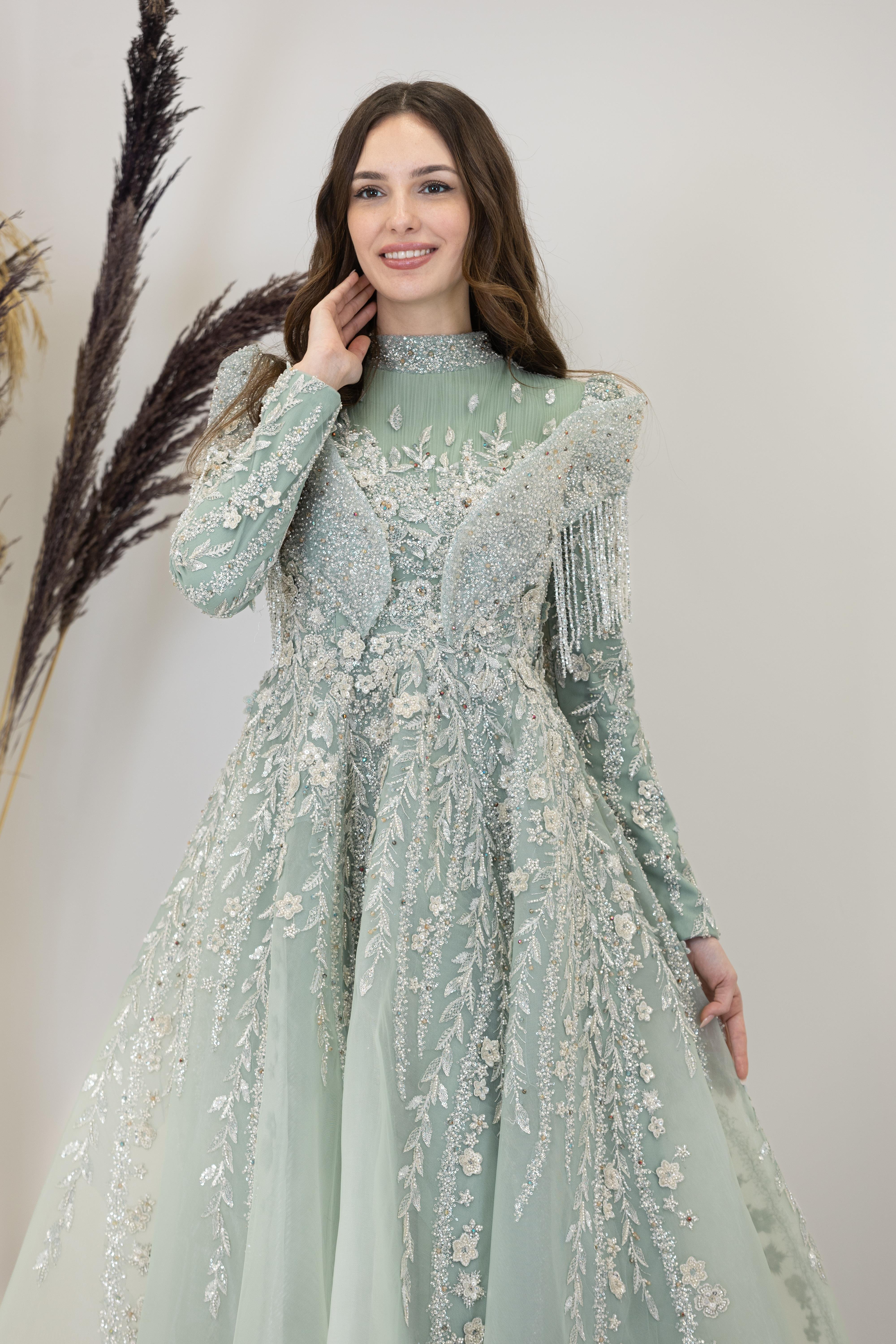 Omuzları V Drape Asel Abiye - Çağla