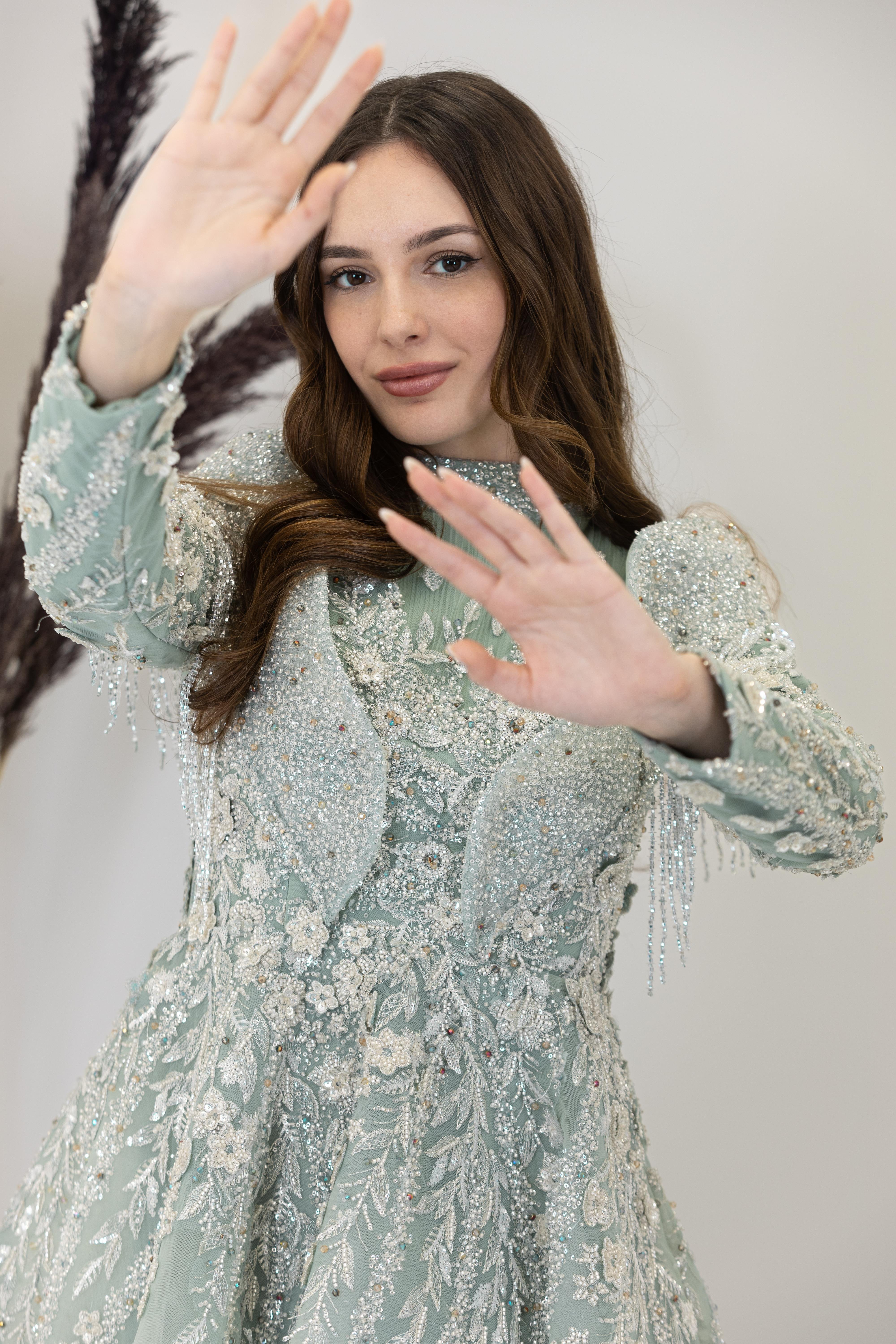 Omuzları V Drape Asel Abiye - Çağla