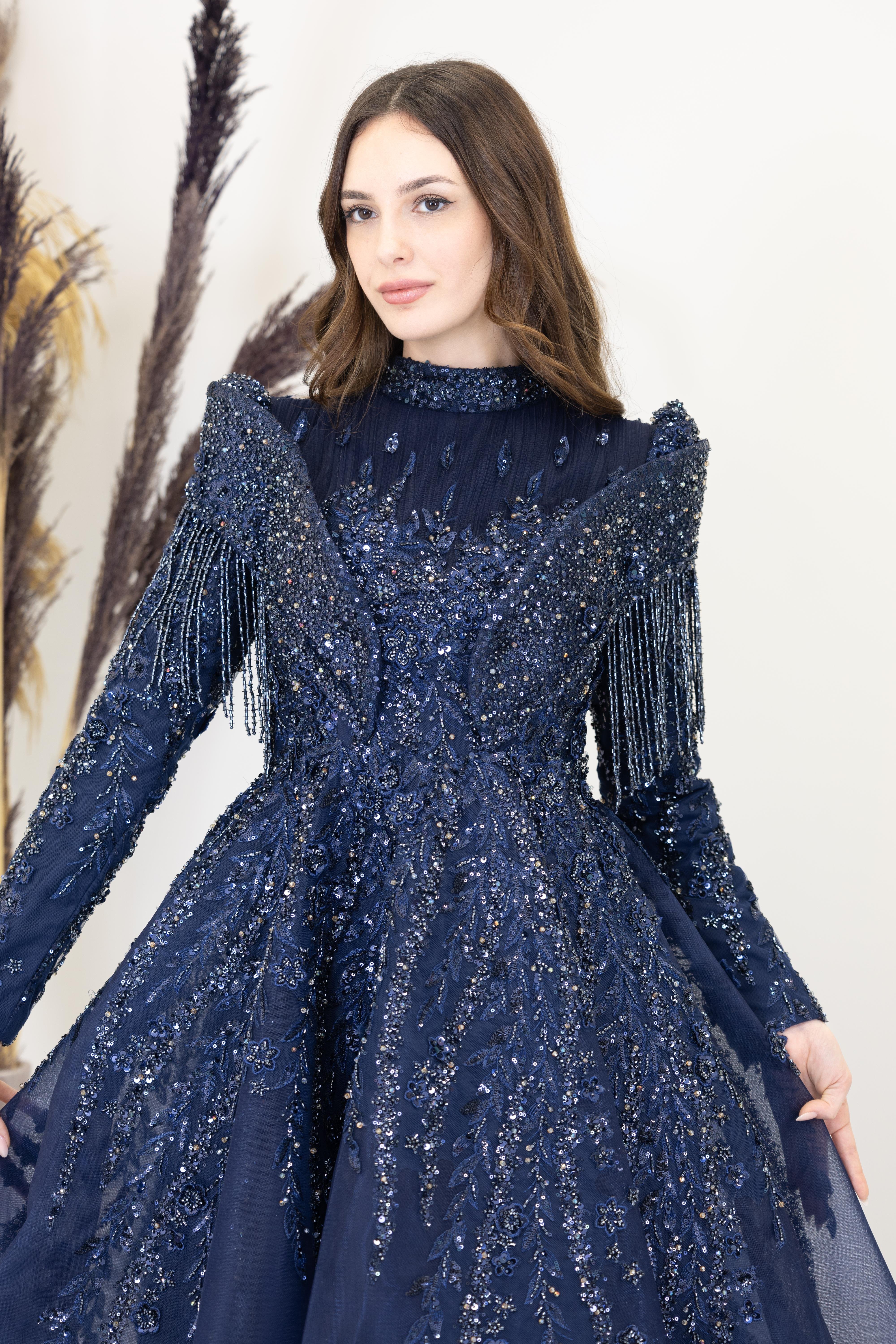 Omuzları V Drape Asel Abiye - Lacivert