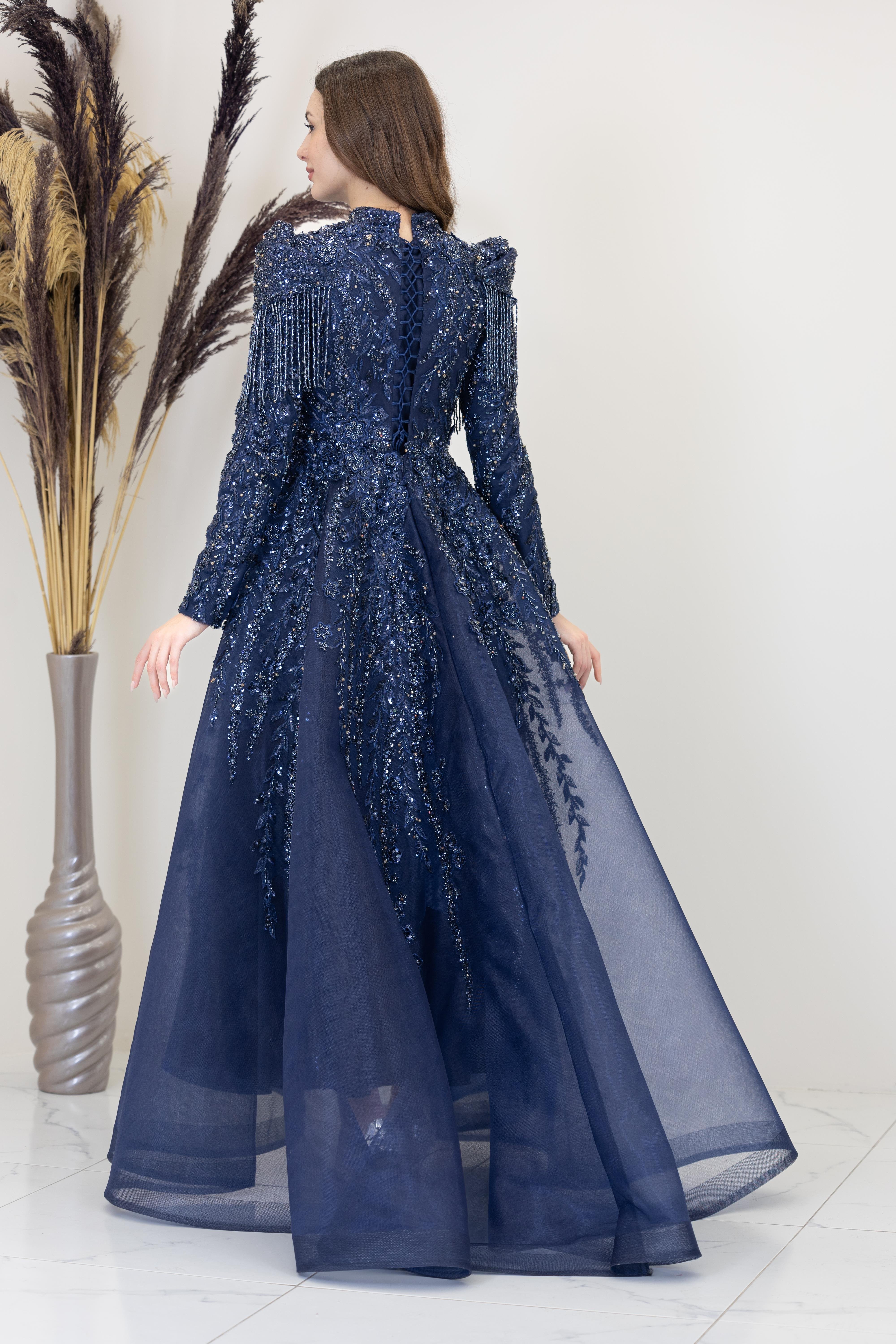 Omuzları V Drape Asel Abiye - Lacivert