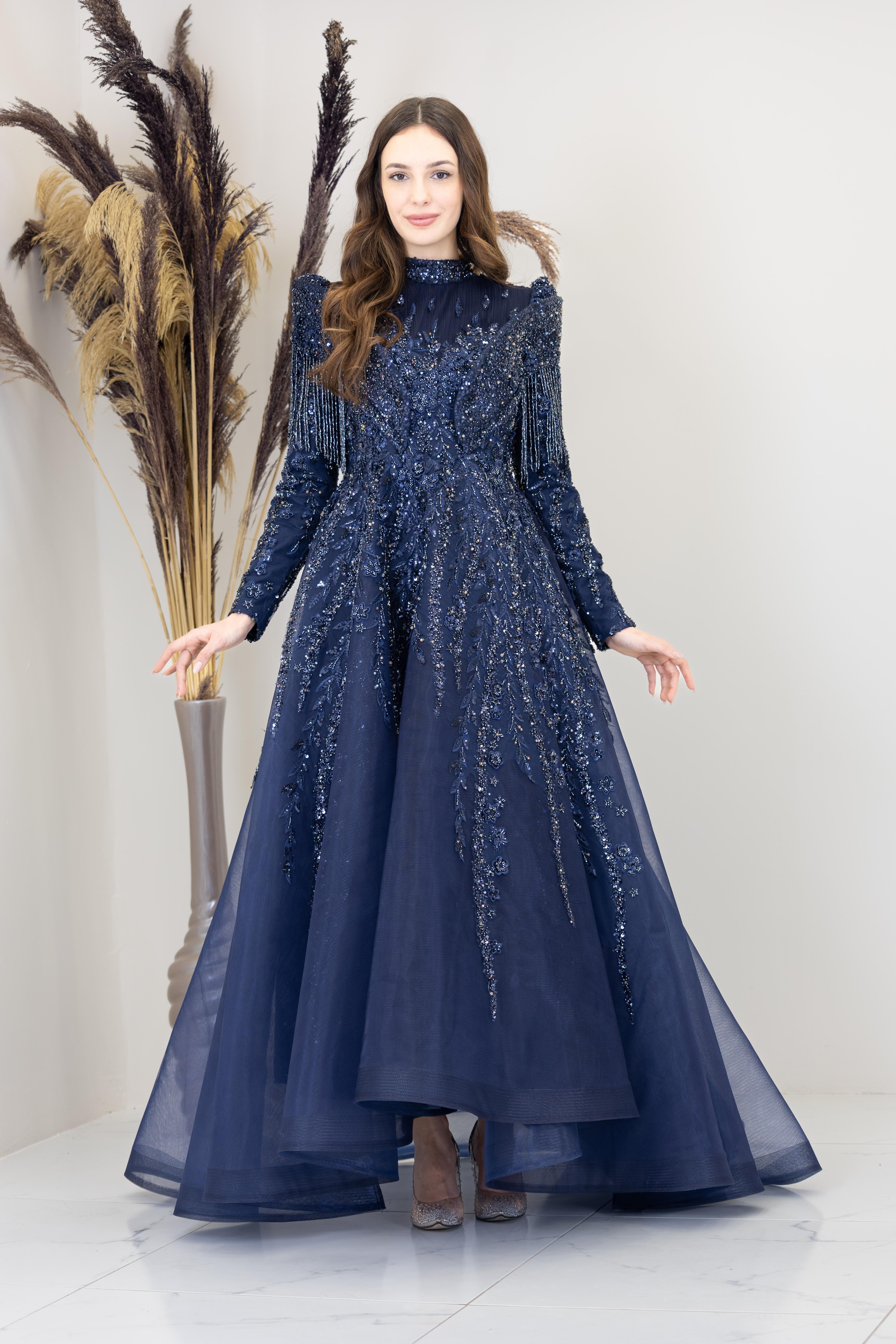 Omuzları V Drape Asel Abiye - Lacivert