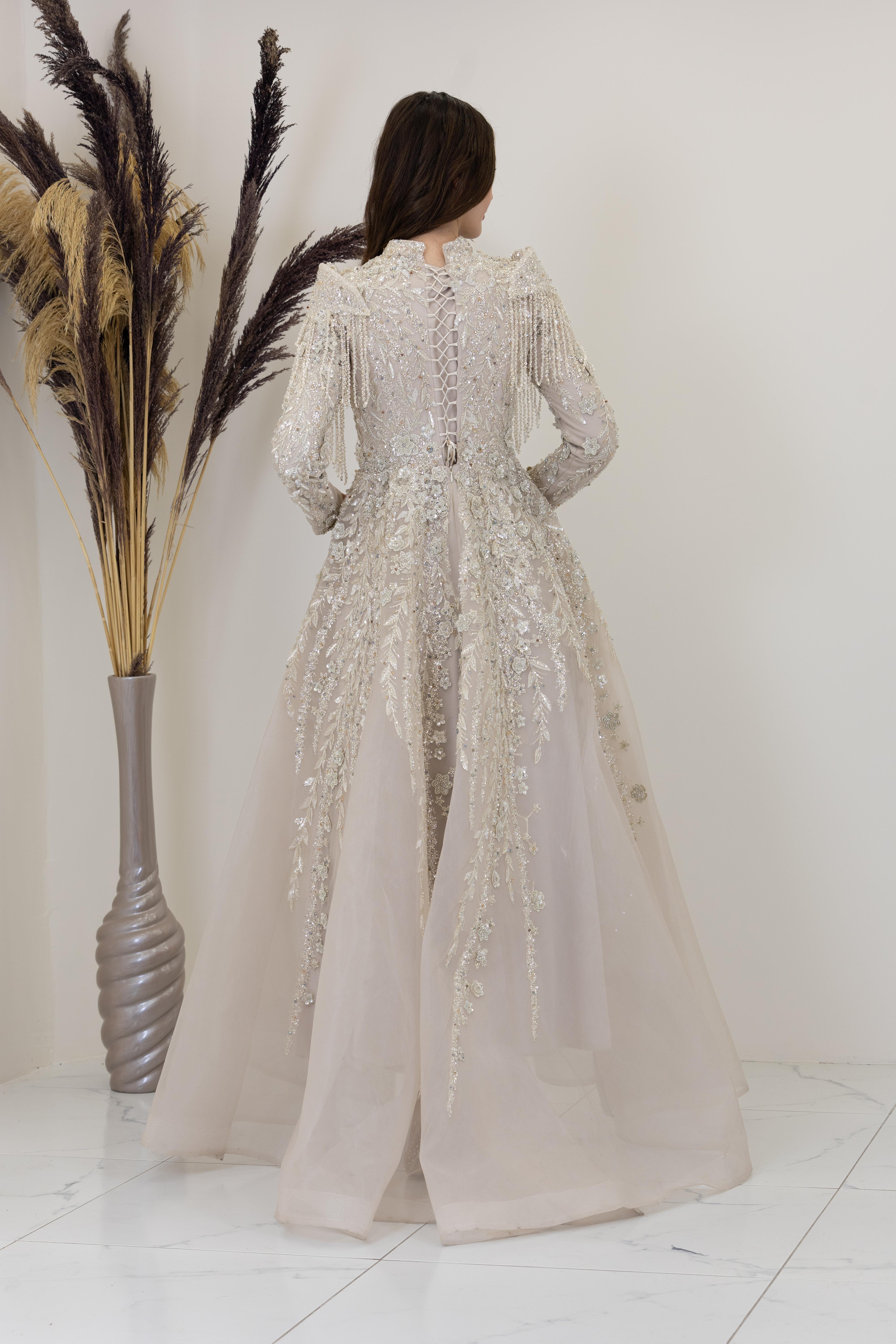 Omuzları V Drape Asel Abiye - Taş Rengi