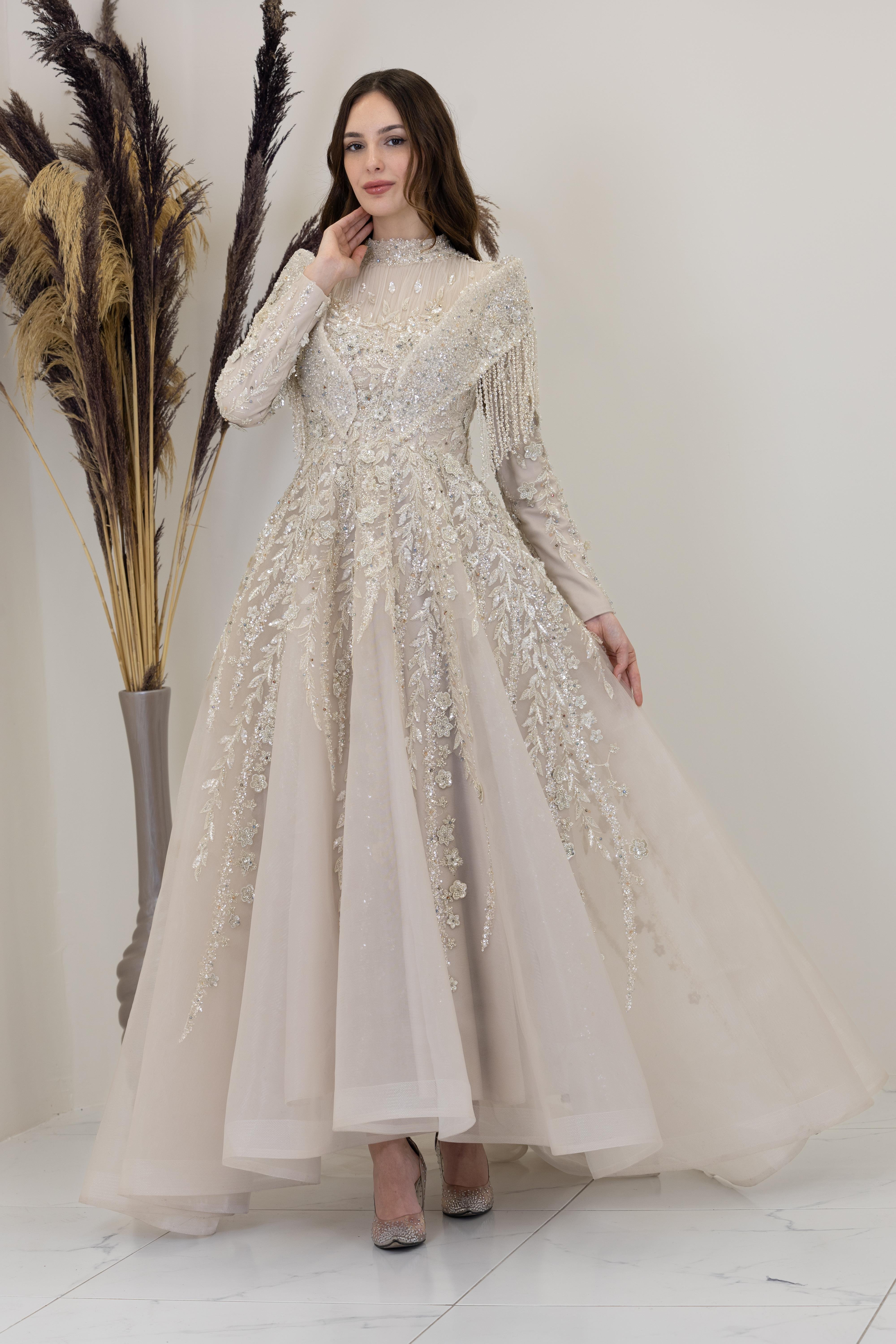 Omuzları V Drape Asel Abiye - Taş Rengi