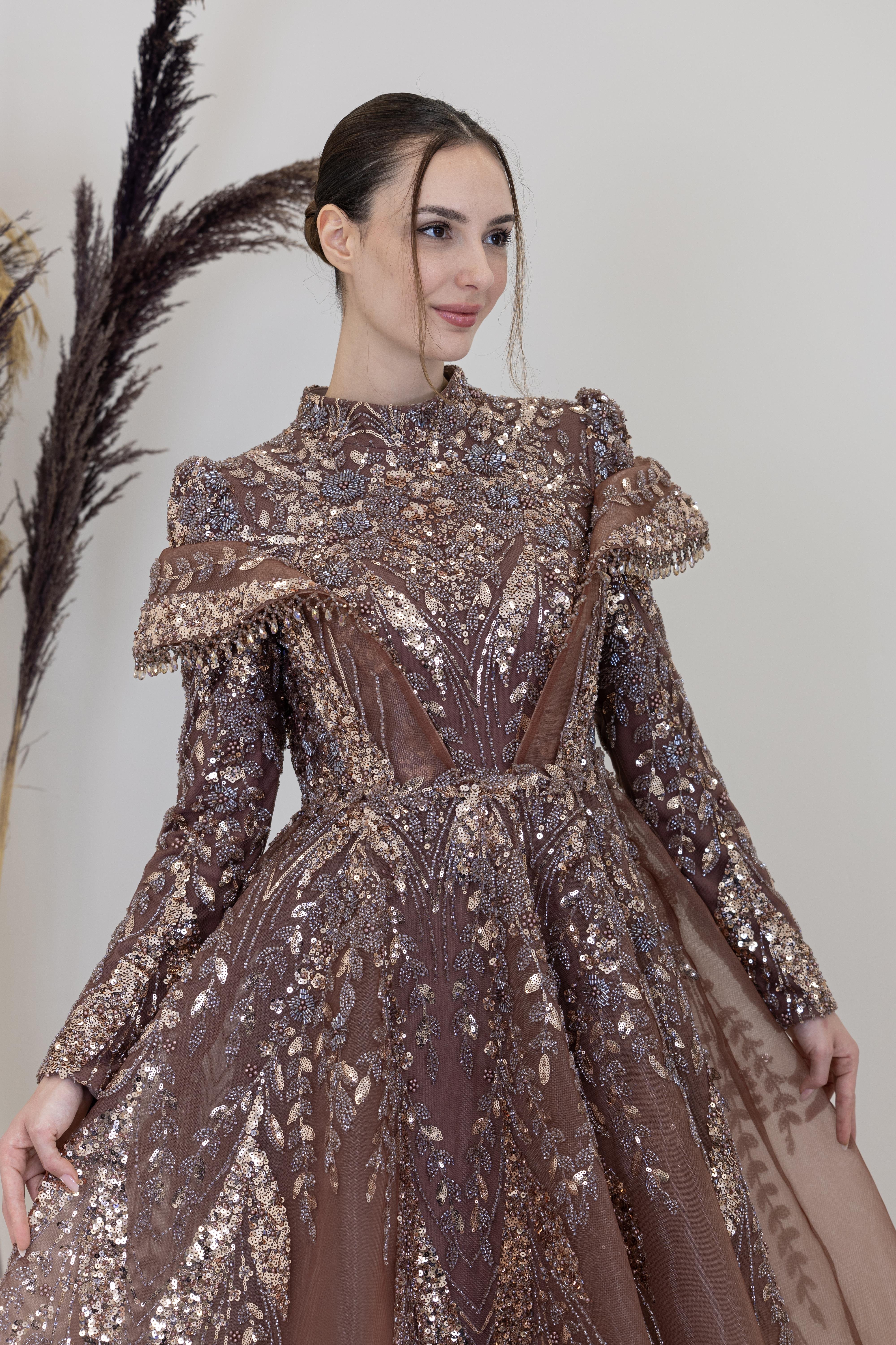 Omuzları V Drape Eslem Abiye - Bakır