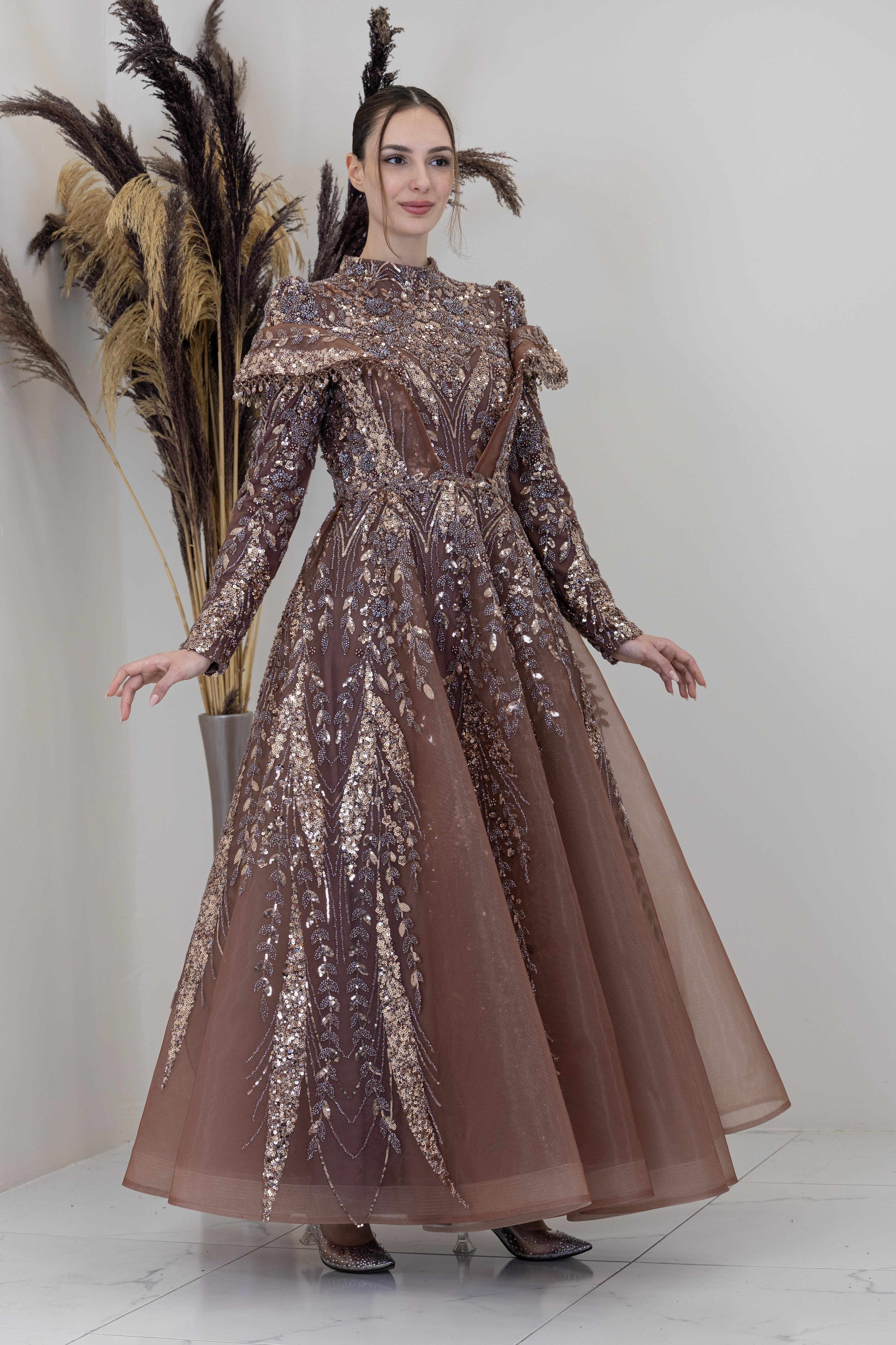 Omuzları V Drape Eslem Abiye - Bakır