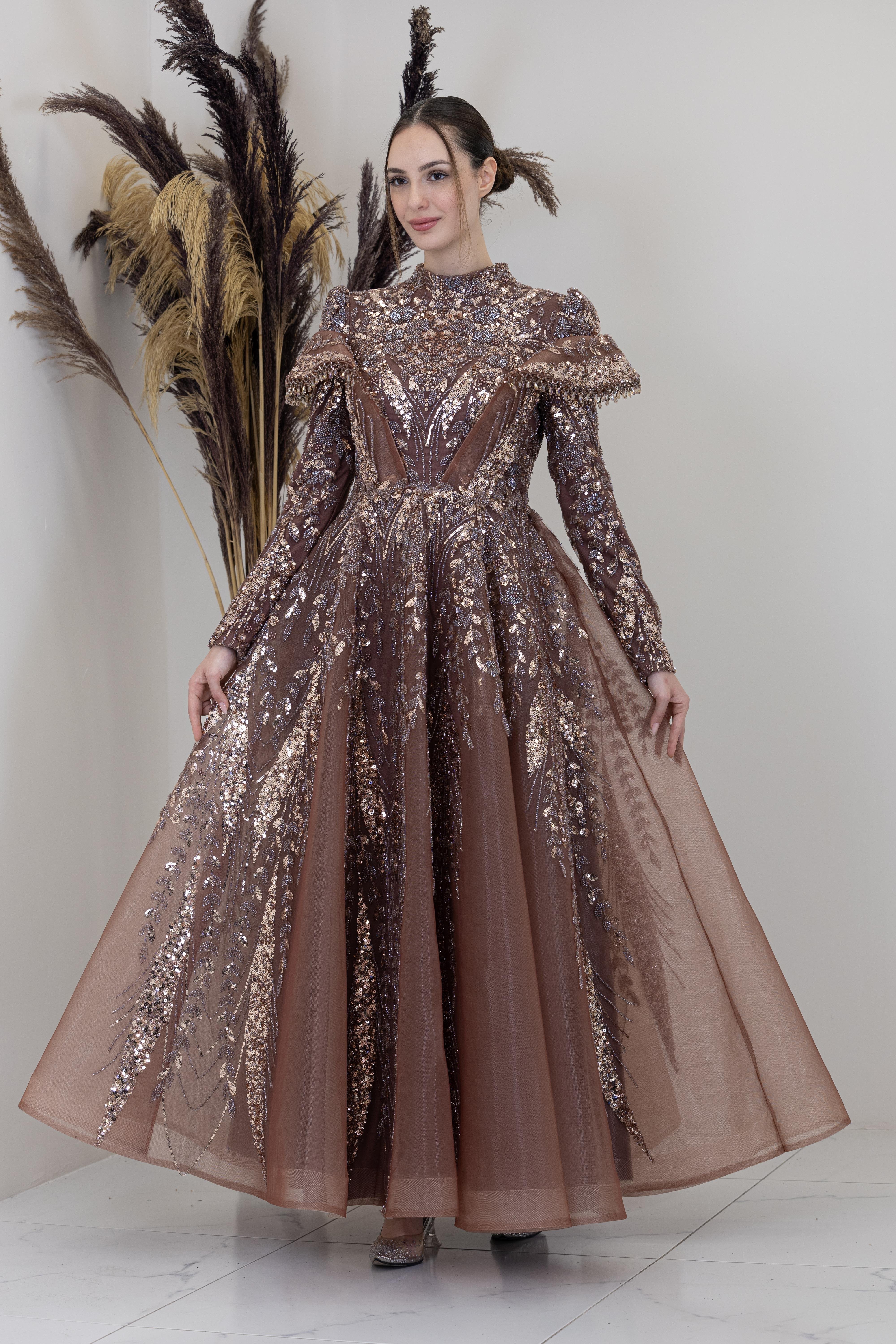 Omuzları V Drape Eslem Abiye - Bakır