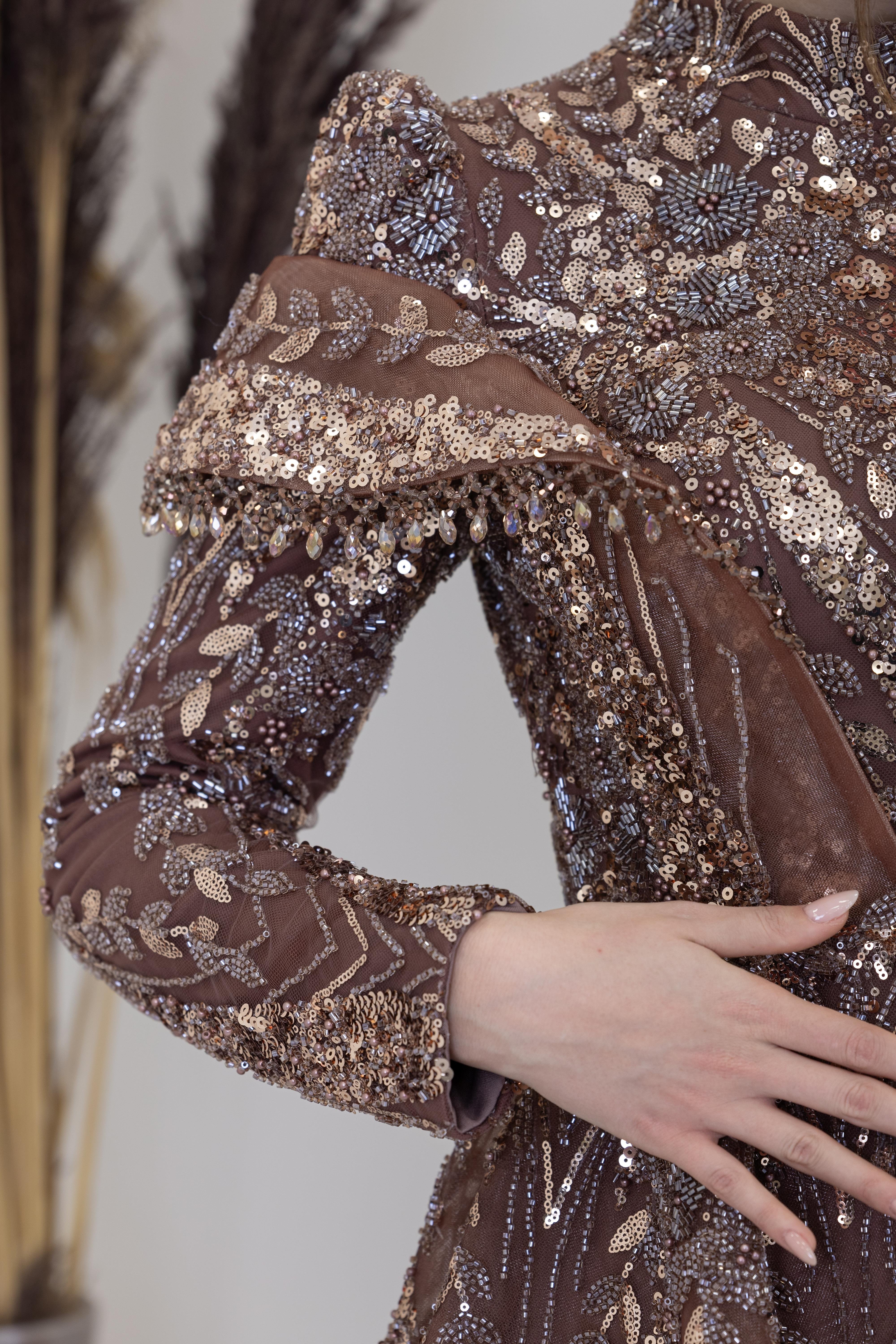 Omuzları V Drape Eslem Abiye - Bakır