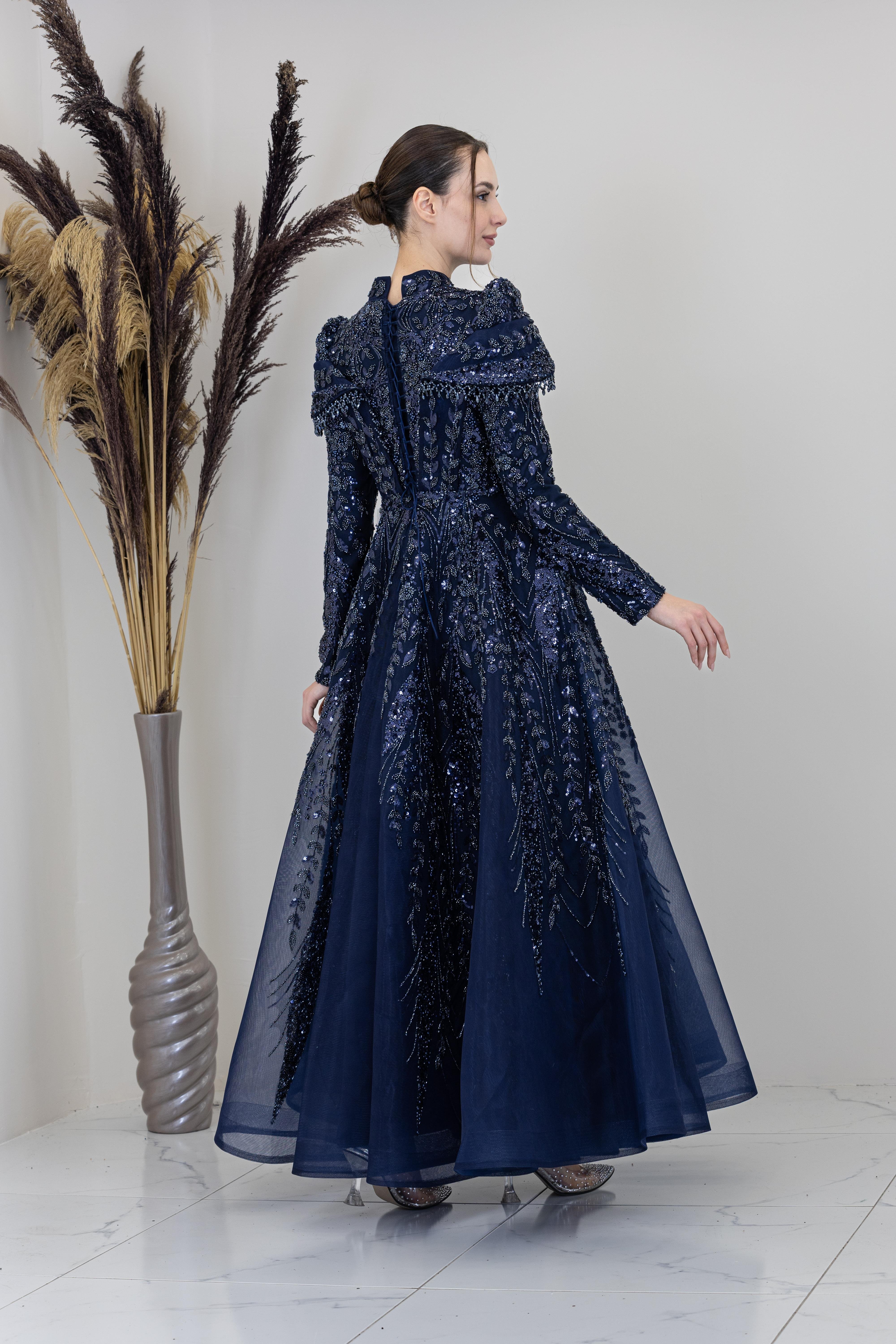 Omuzları V Drape Eslem Abiye - Lacivert