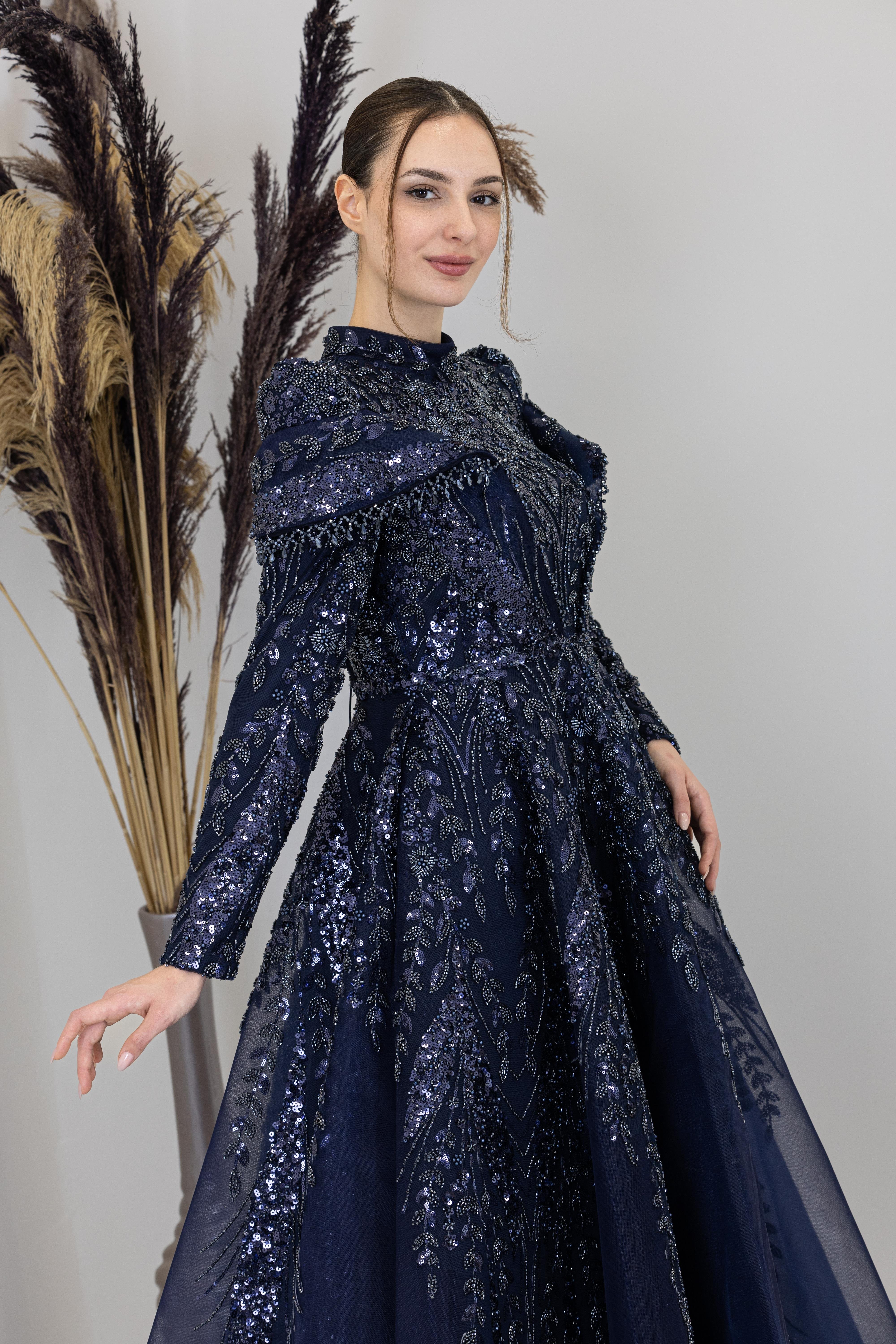 Omuzları V Drape Eslem Abiye - Lacivert