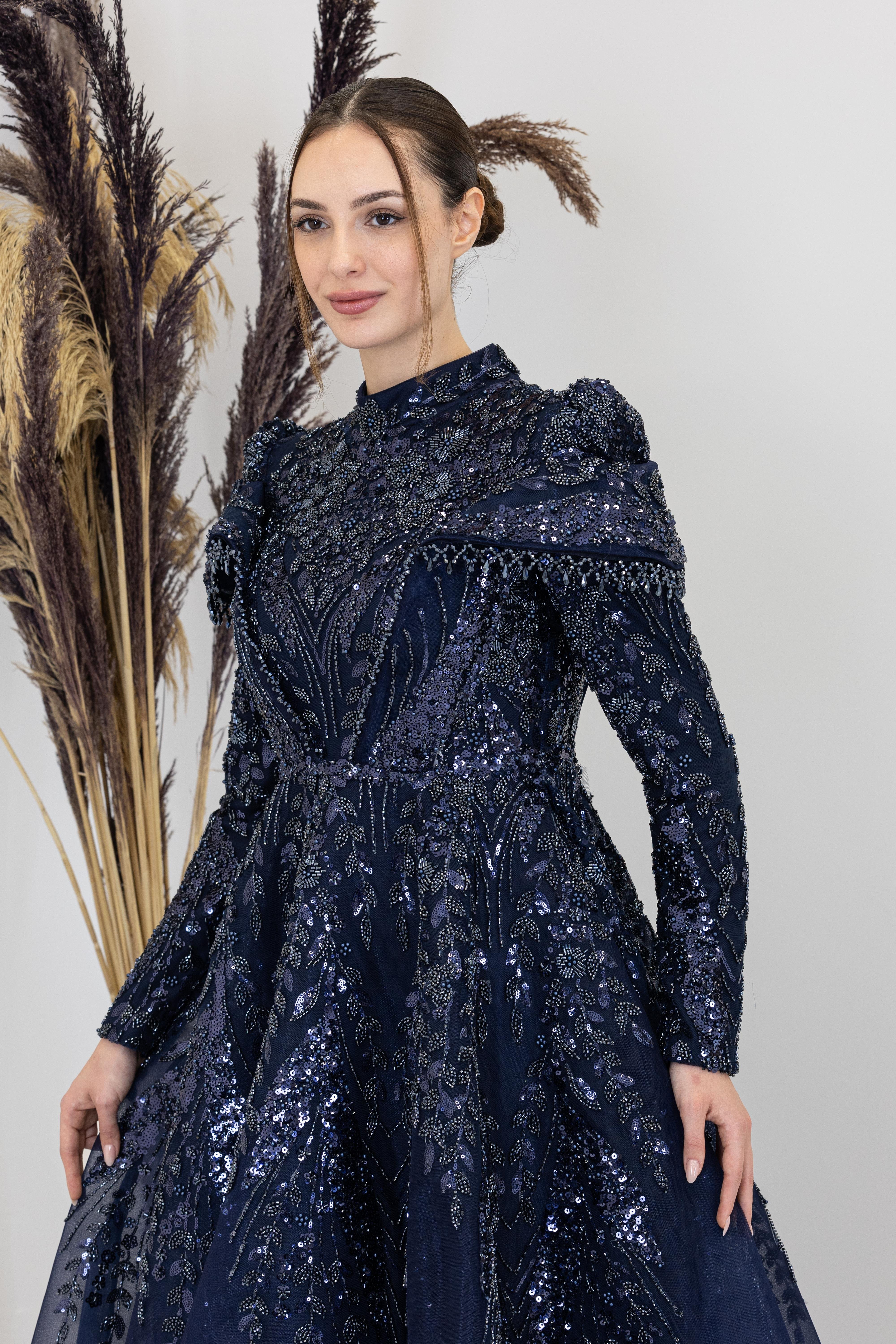 Omuzları V Drape Eslem Abiye - Lacivert