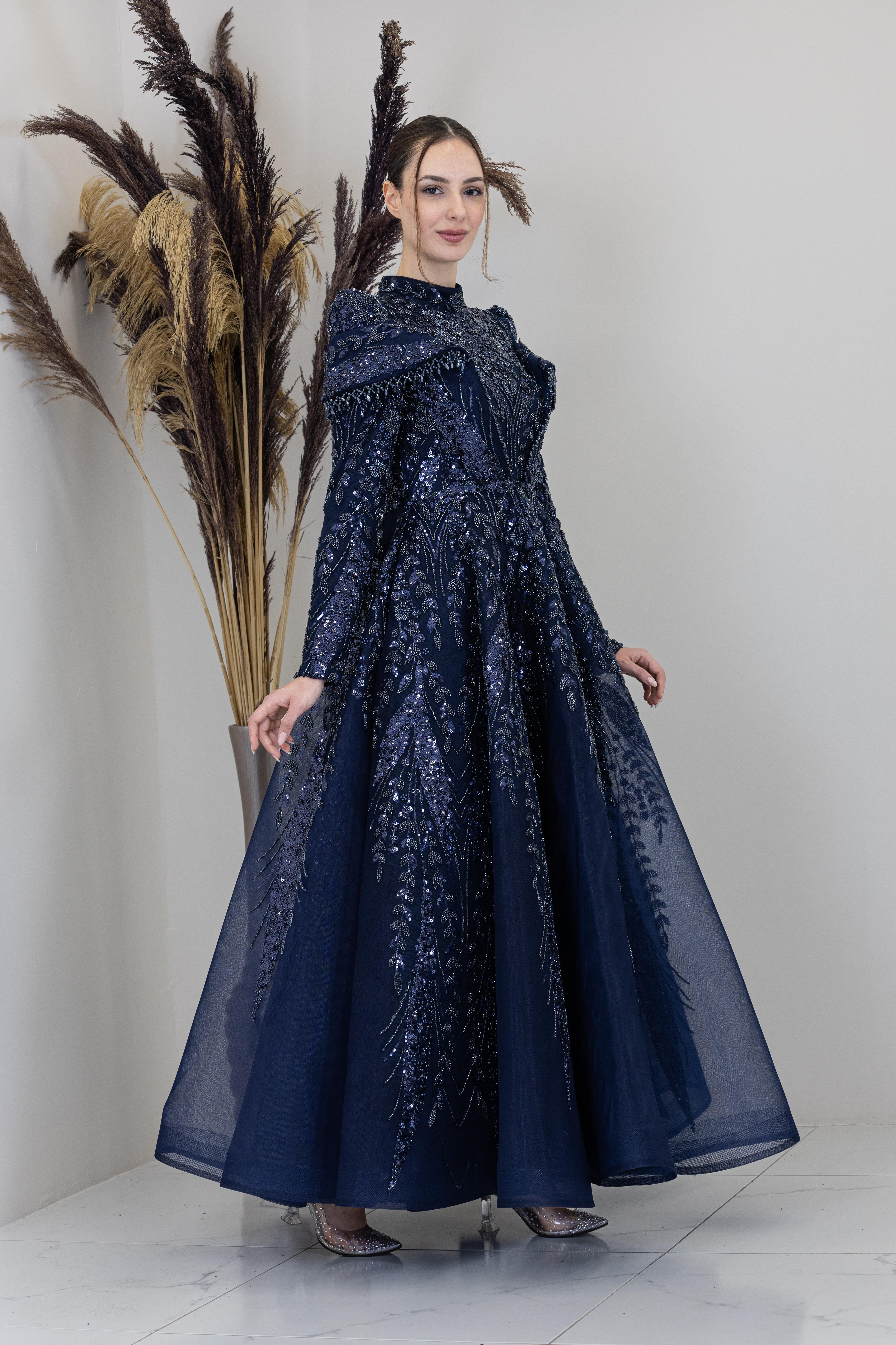 Omuzları V Drape Eslem Abiye - Lacivert