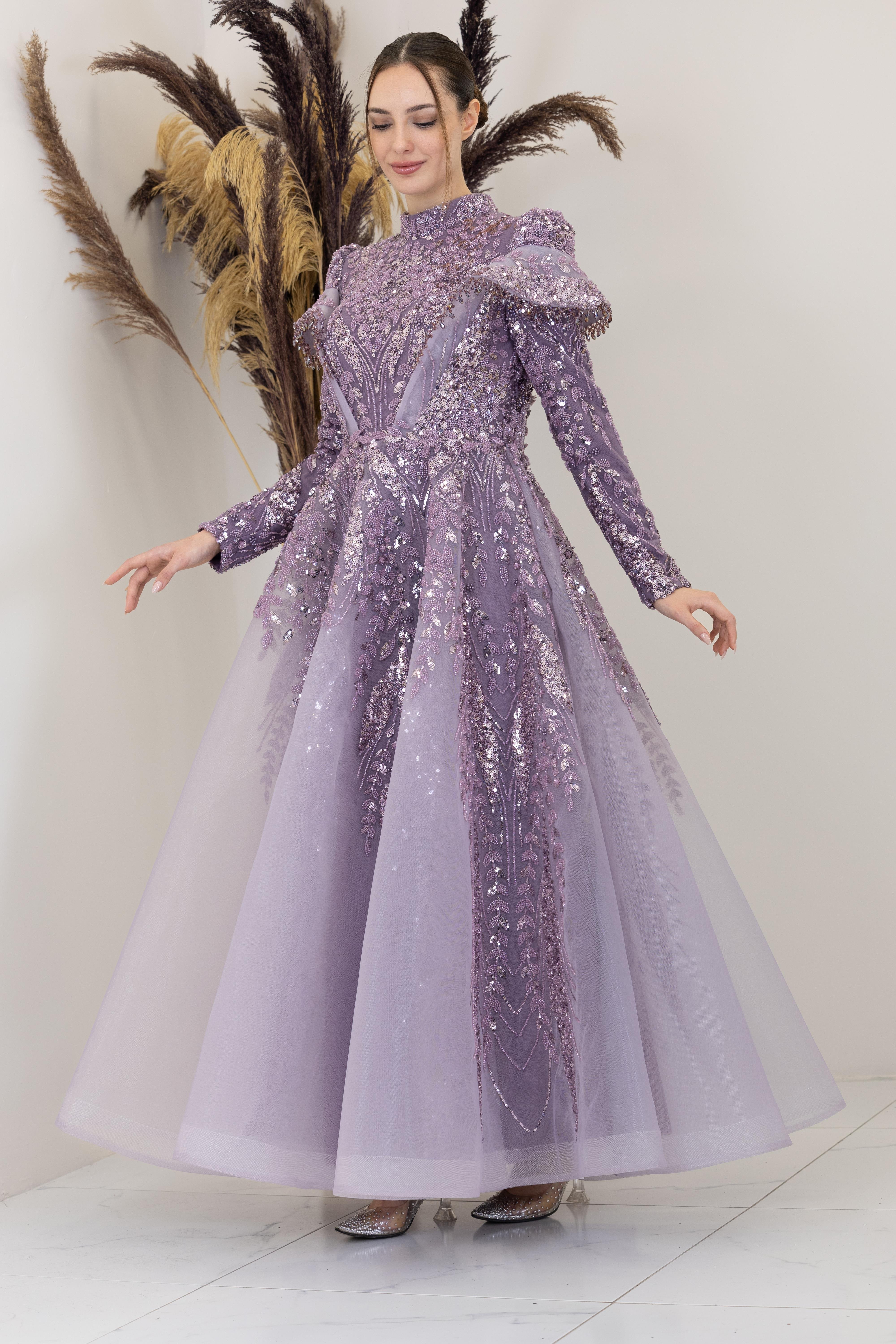 Omuzları V Drape Eslem Abiye - Lila