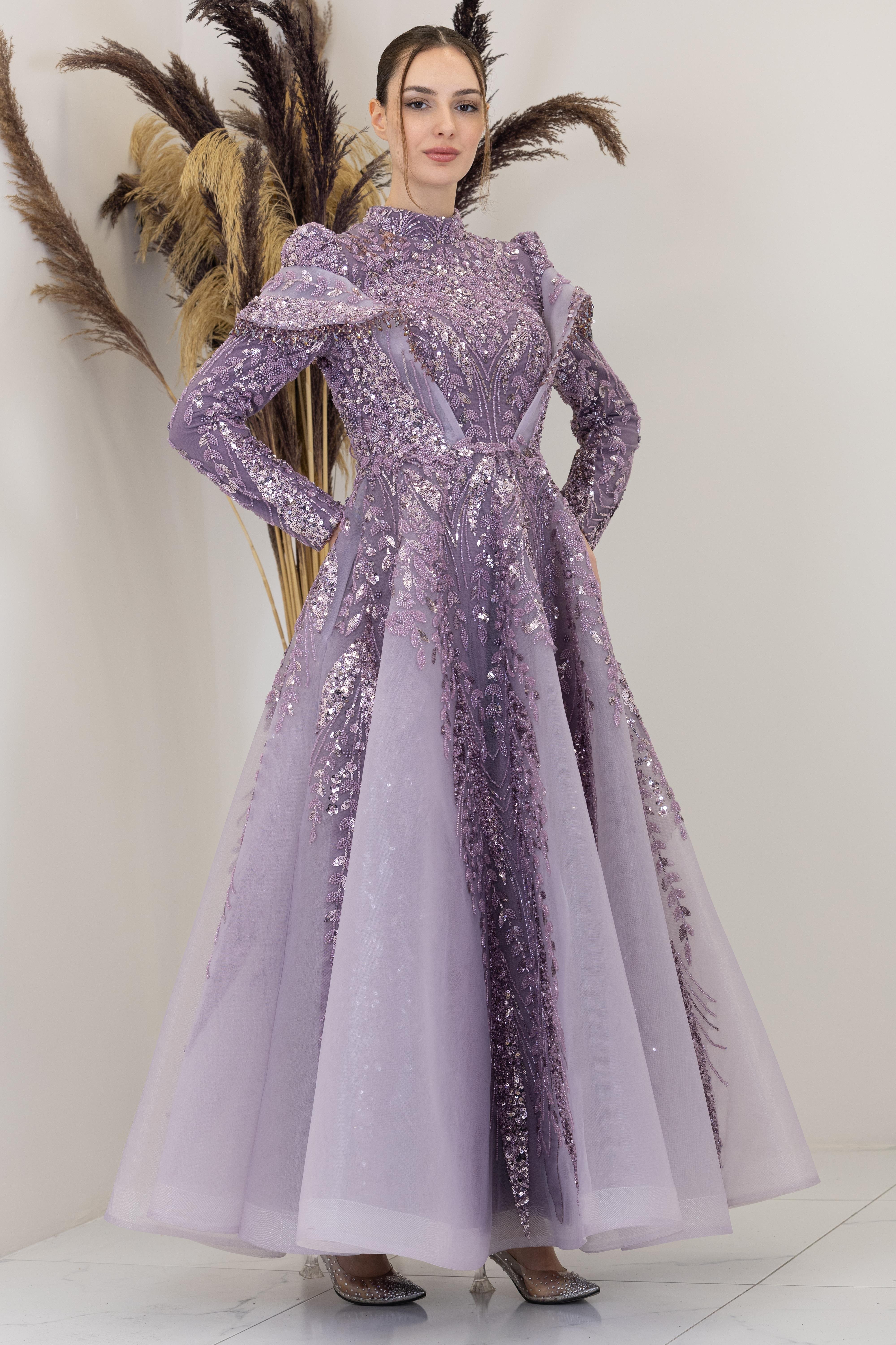 Omuzları V Drape Eslem Abiye - Lila