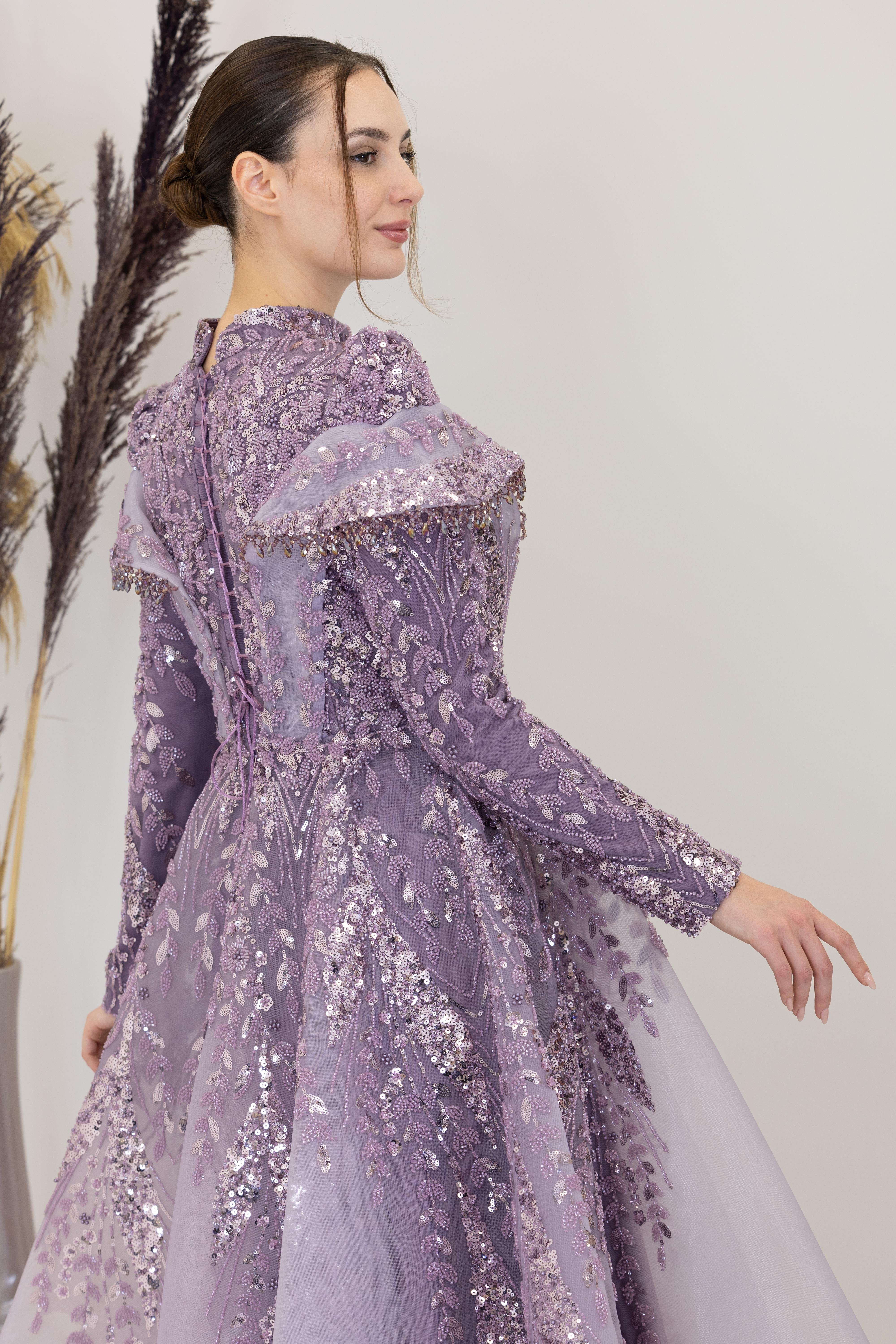 Omuzları V Drape Eslem Abiye - Lila