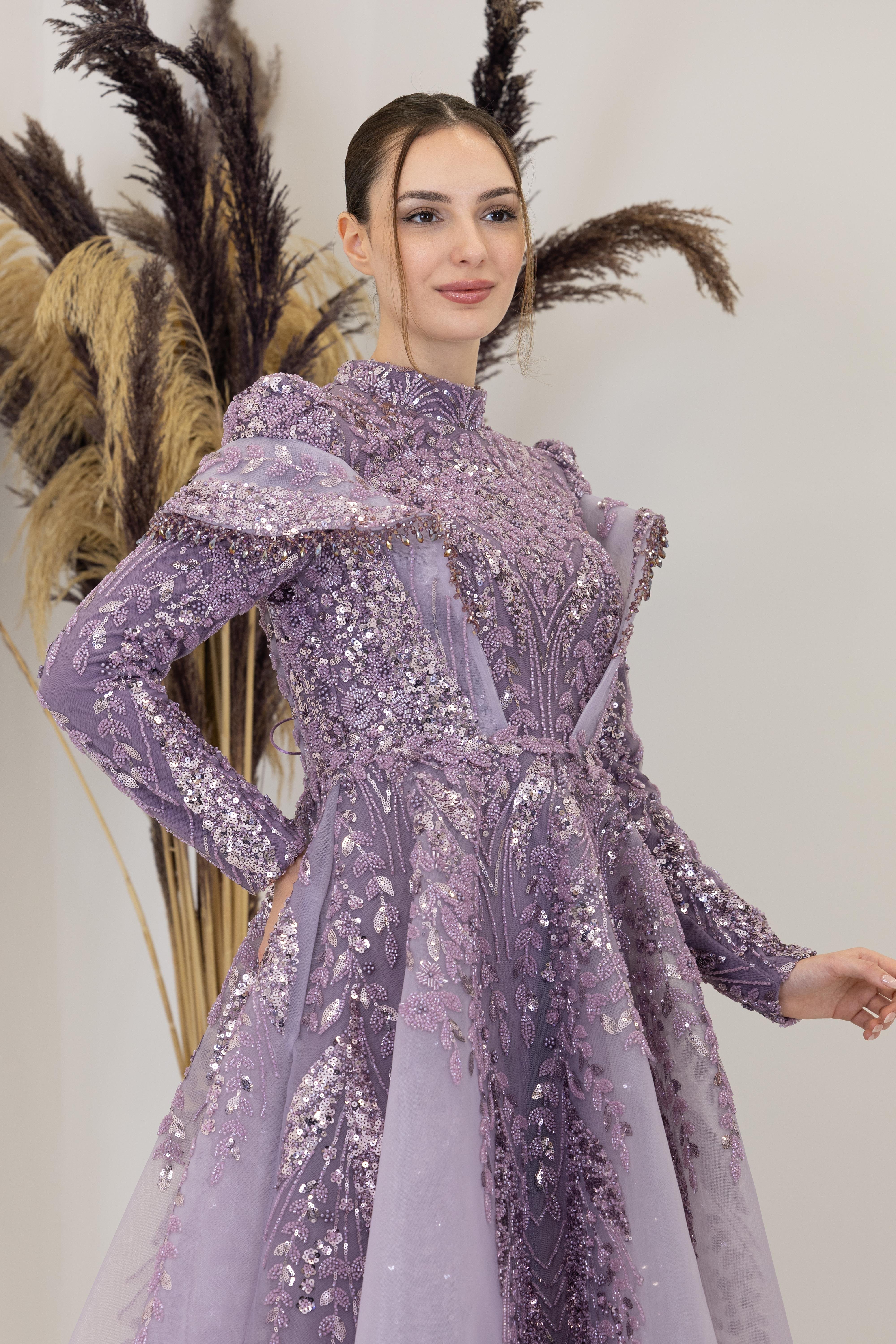 Omuzları V Drape Eslem Abiye - Lila