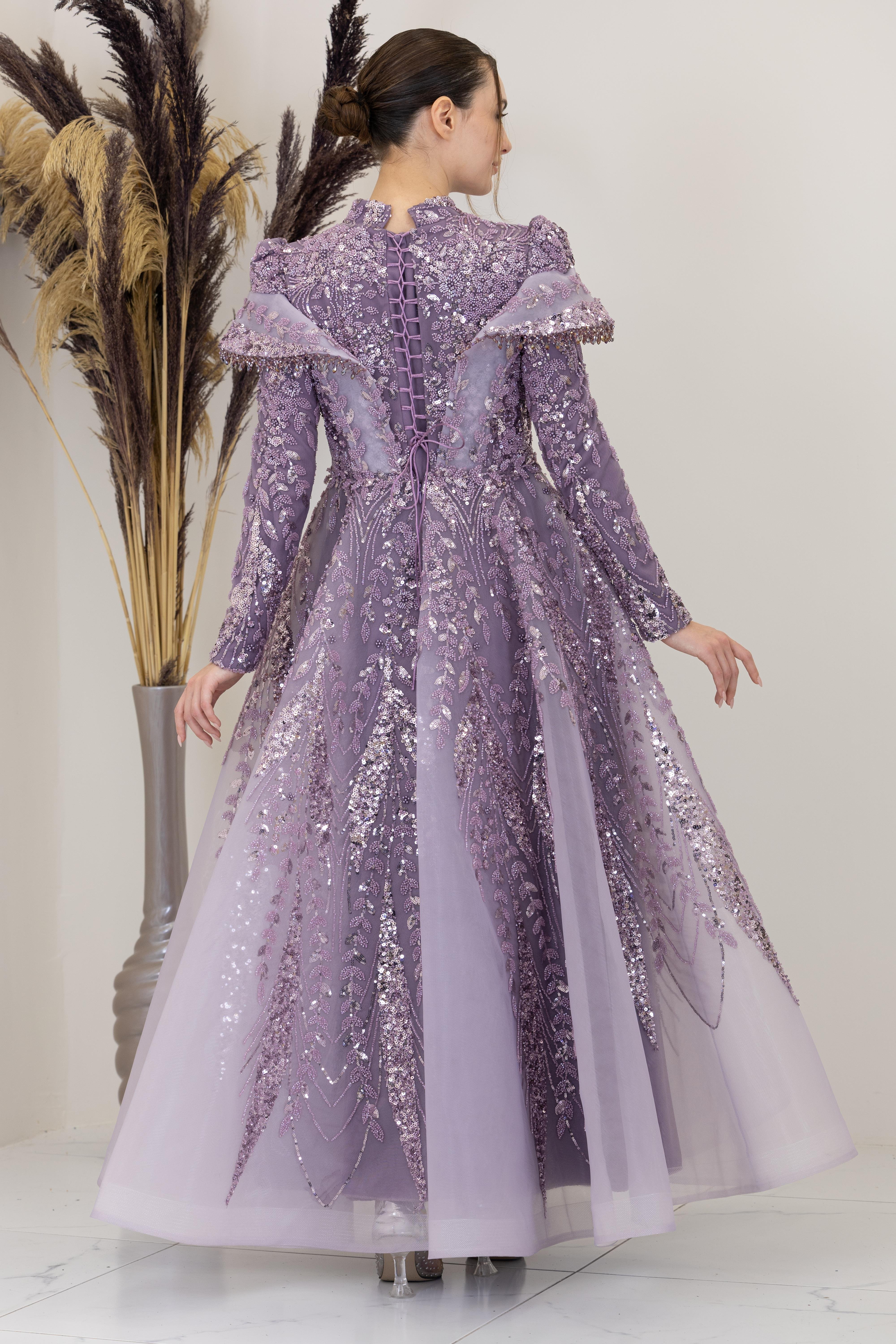 Omuzları V Drape Eslem Abiye - Lila