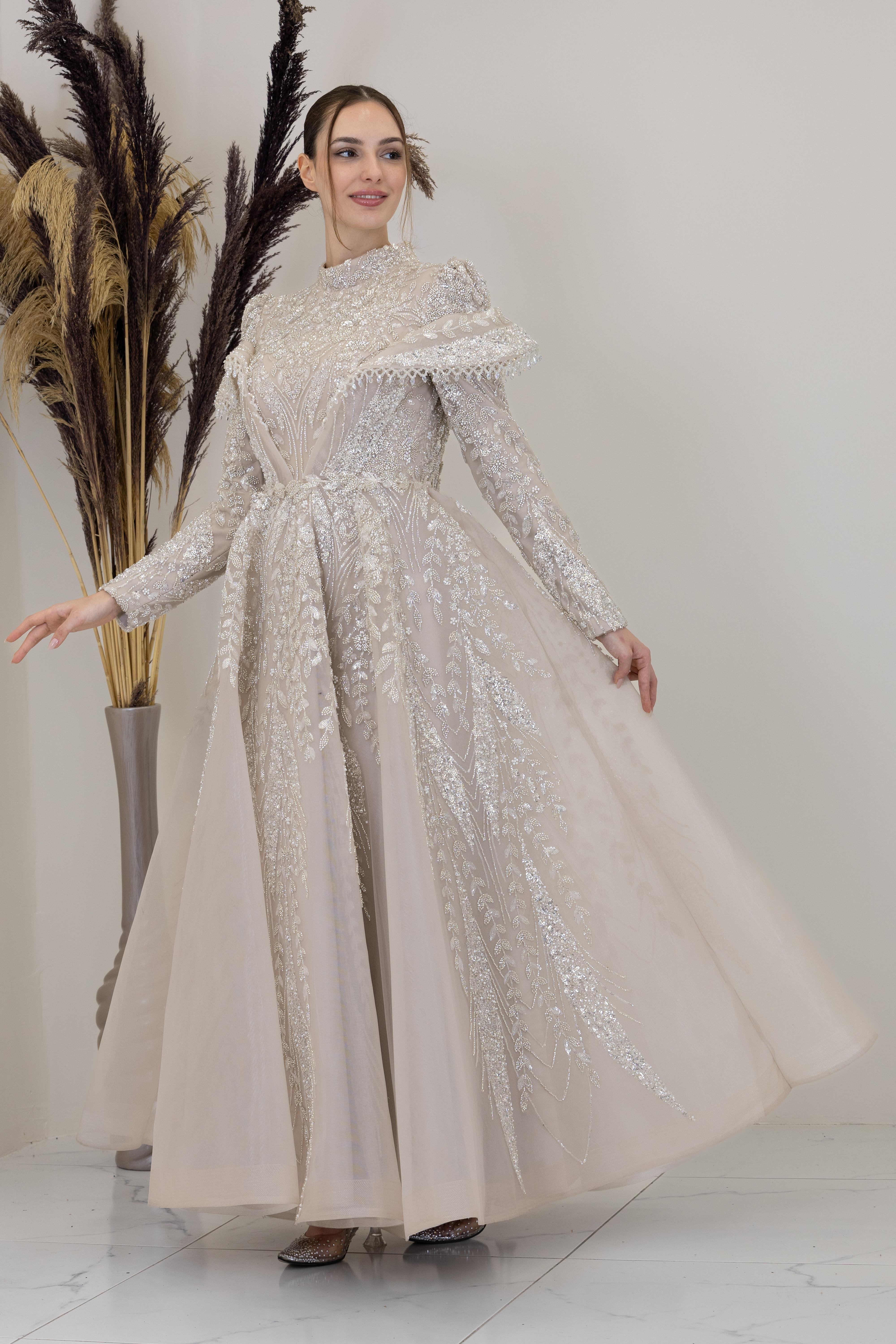 Omuzları V Drape Eslem Abiye - Taş Rengi