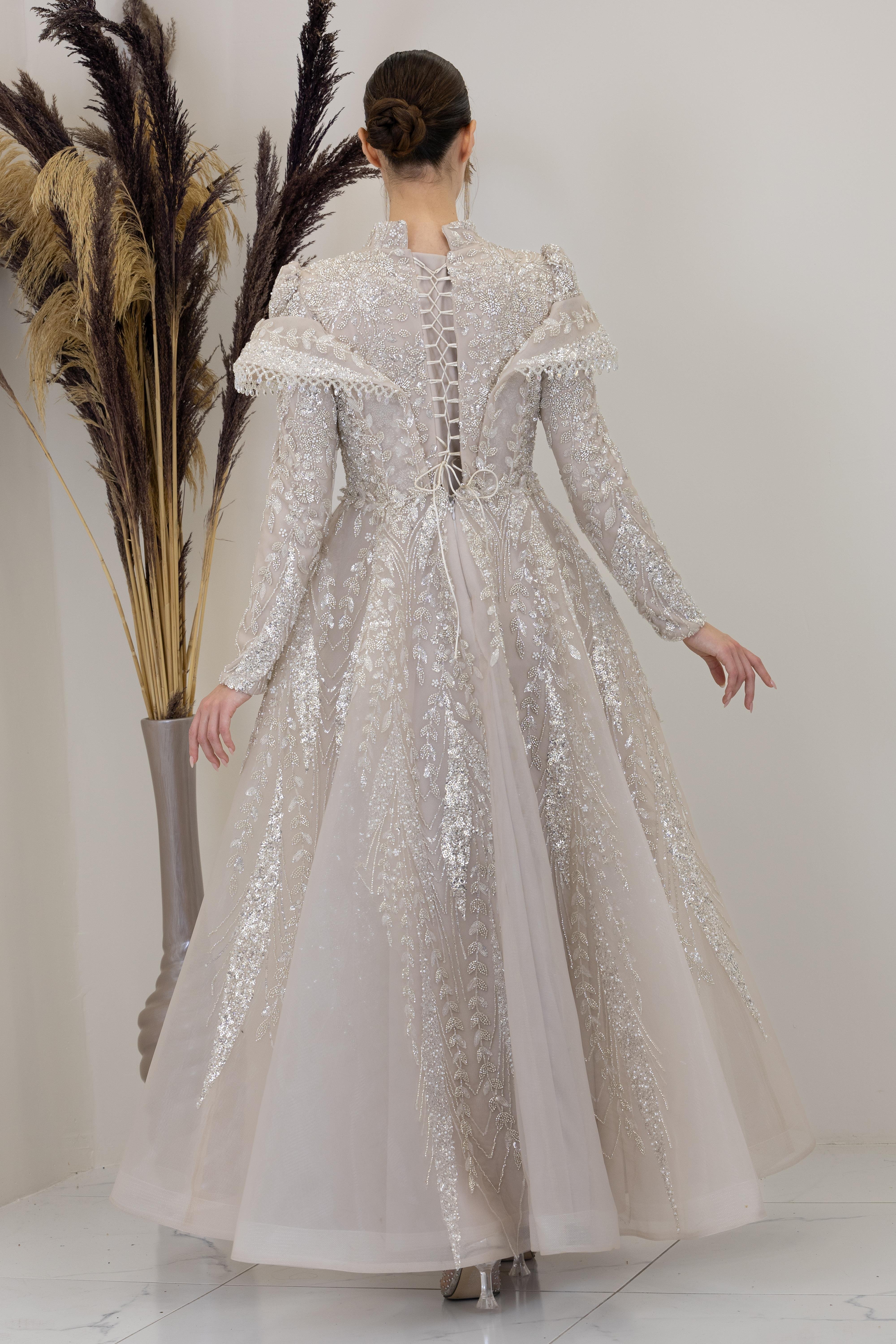 Omuzları V Drape Eslem Abiye - Taş Rengi