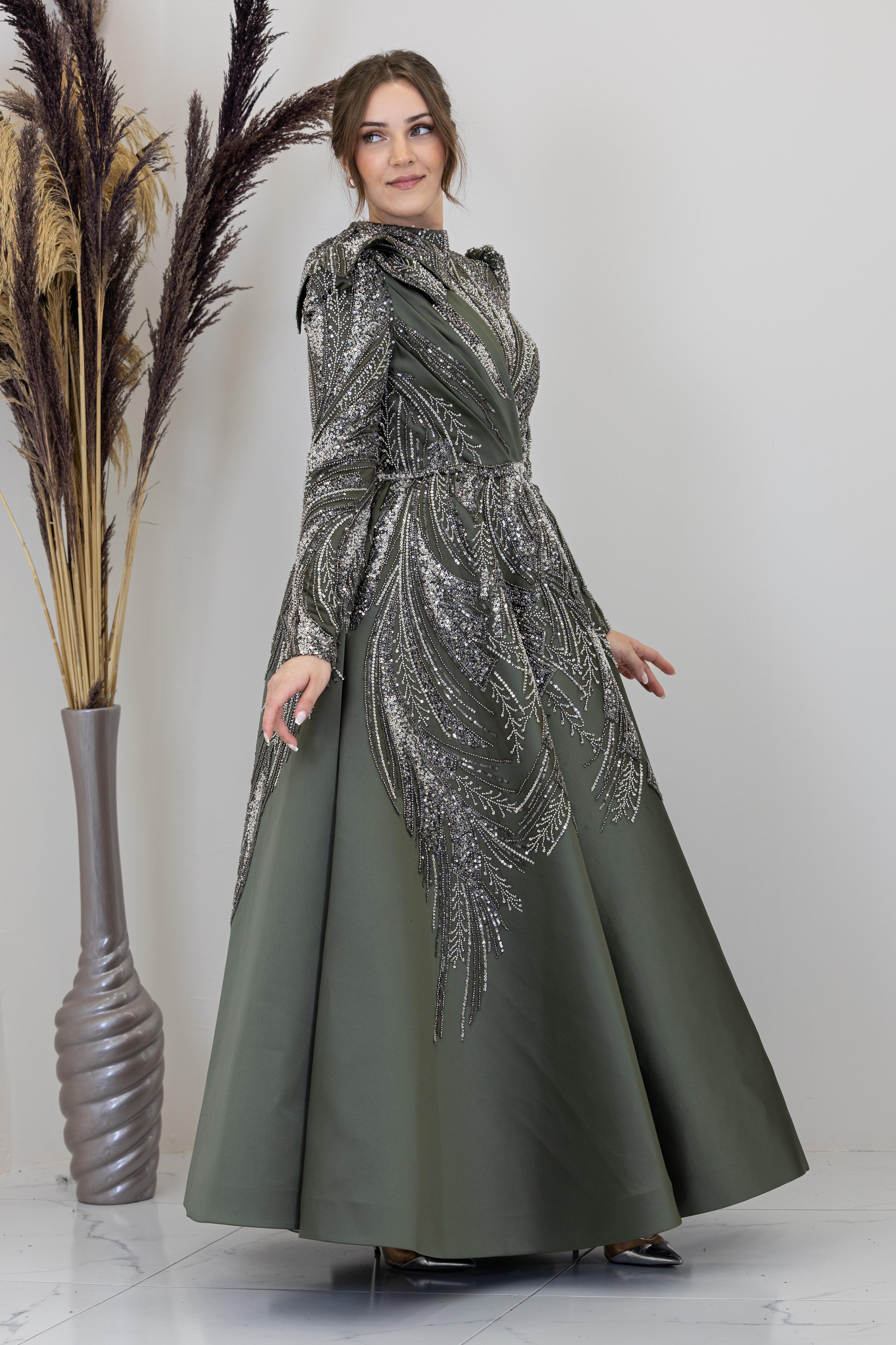 Omuzu Çiçek Detaylı Larin Abiye - Haki