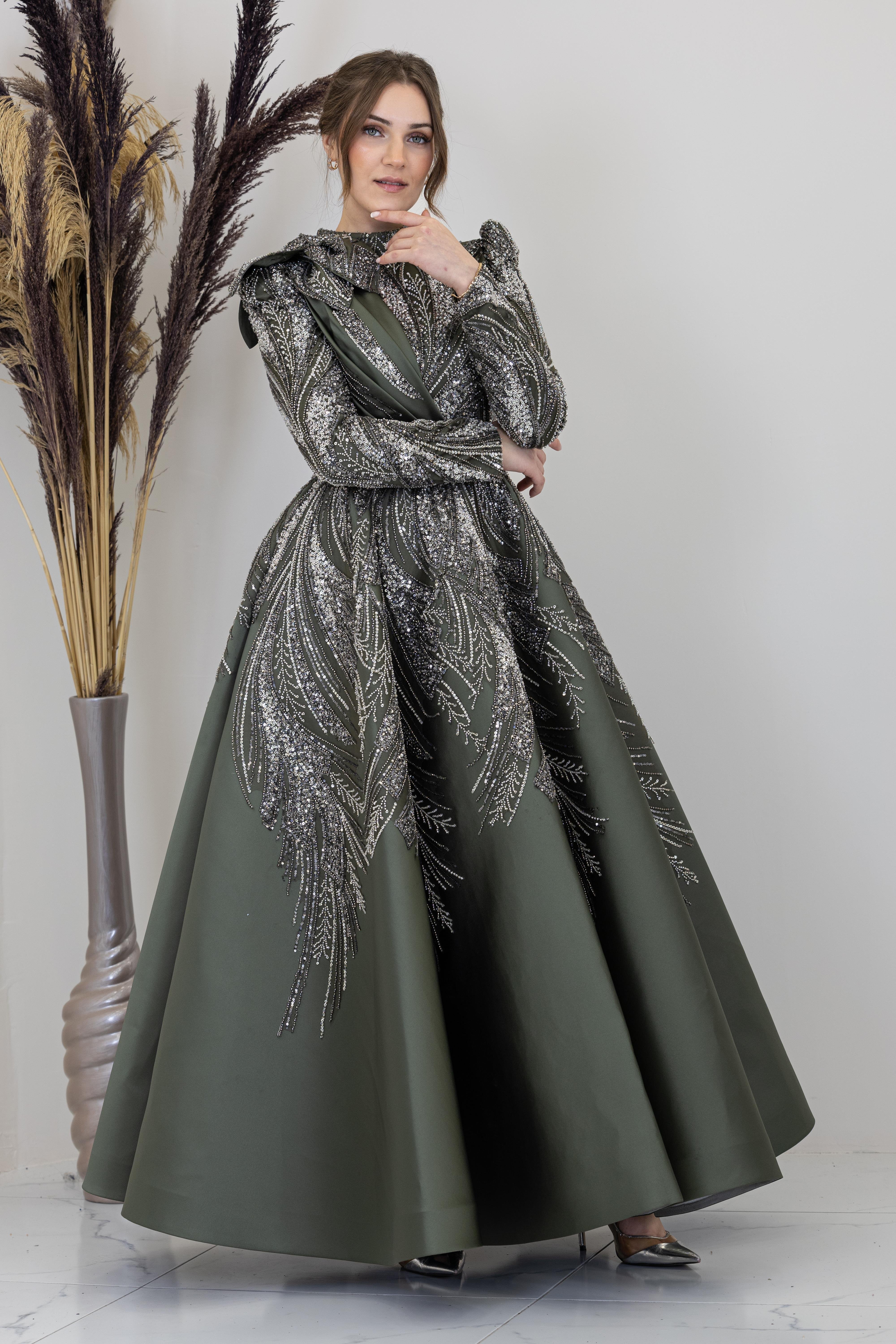 Omuzu Çiçek Detaylı Larin Abiye - Haki