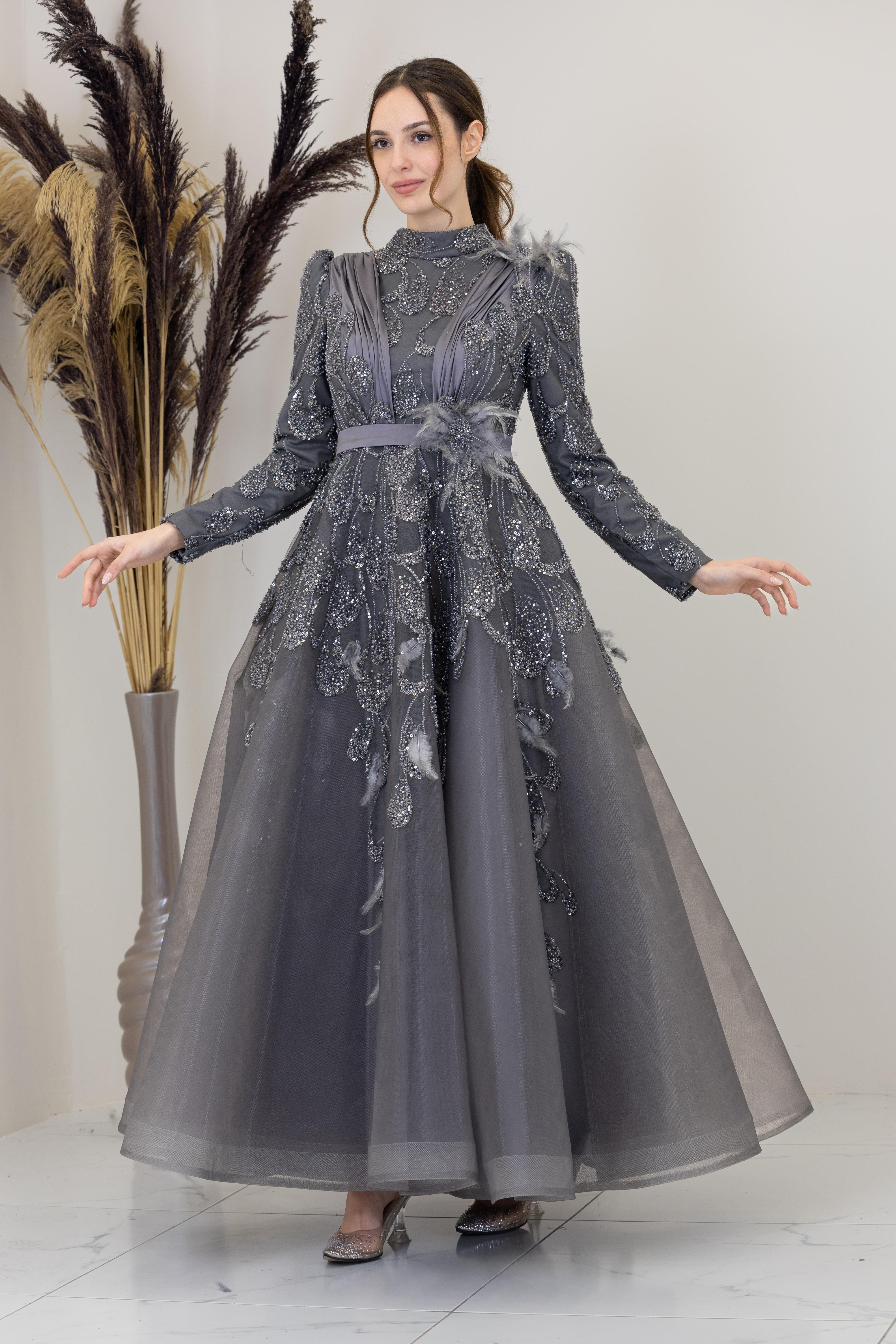 Omuzu ve Beli Tül Detayli Simge Abiye - Antrasit