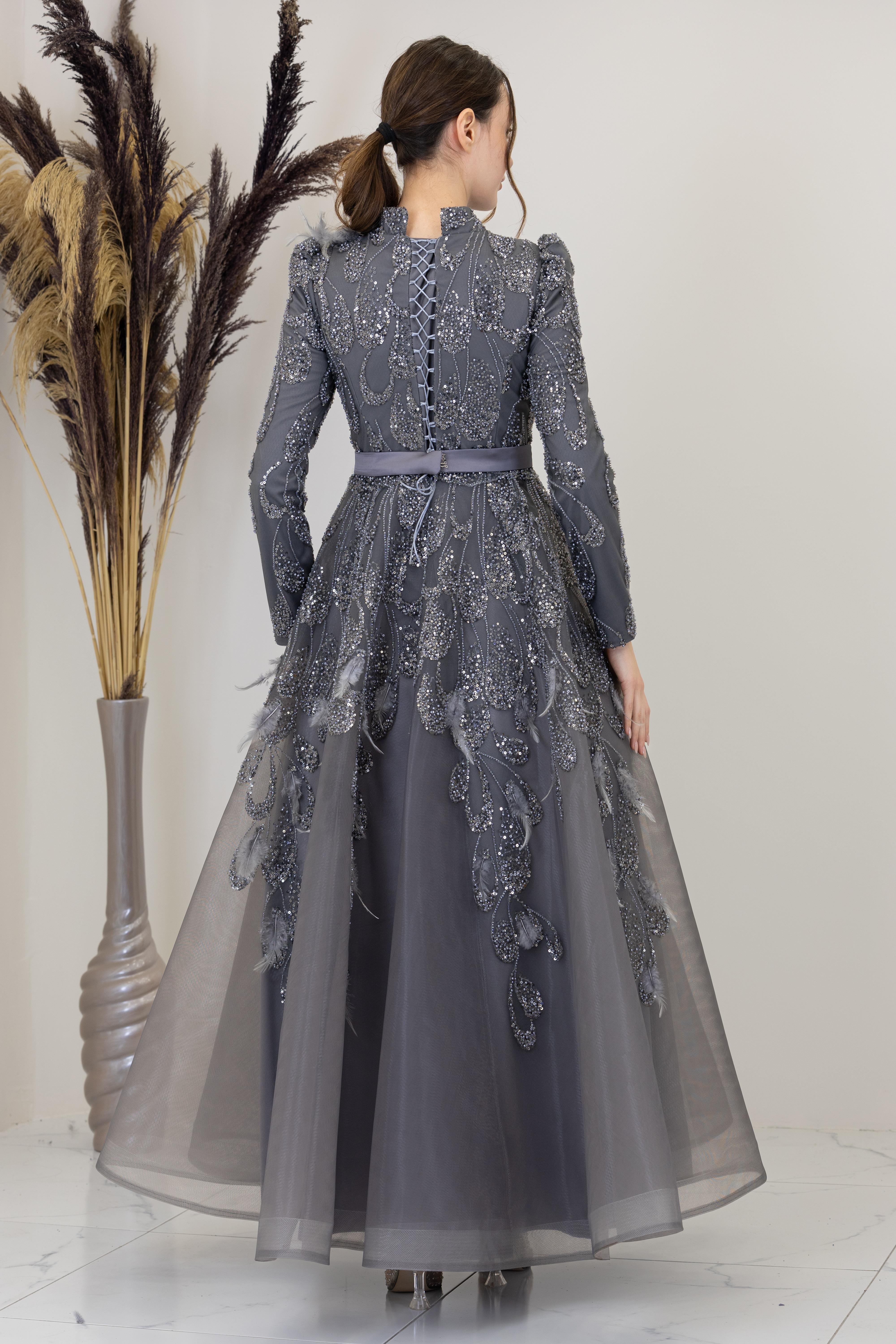 Omuzu ve Beli Tül Detayli Simge Abiye - Antrasit