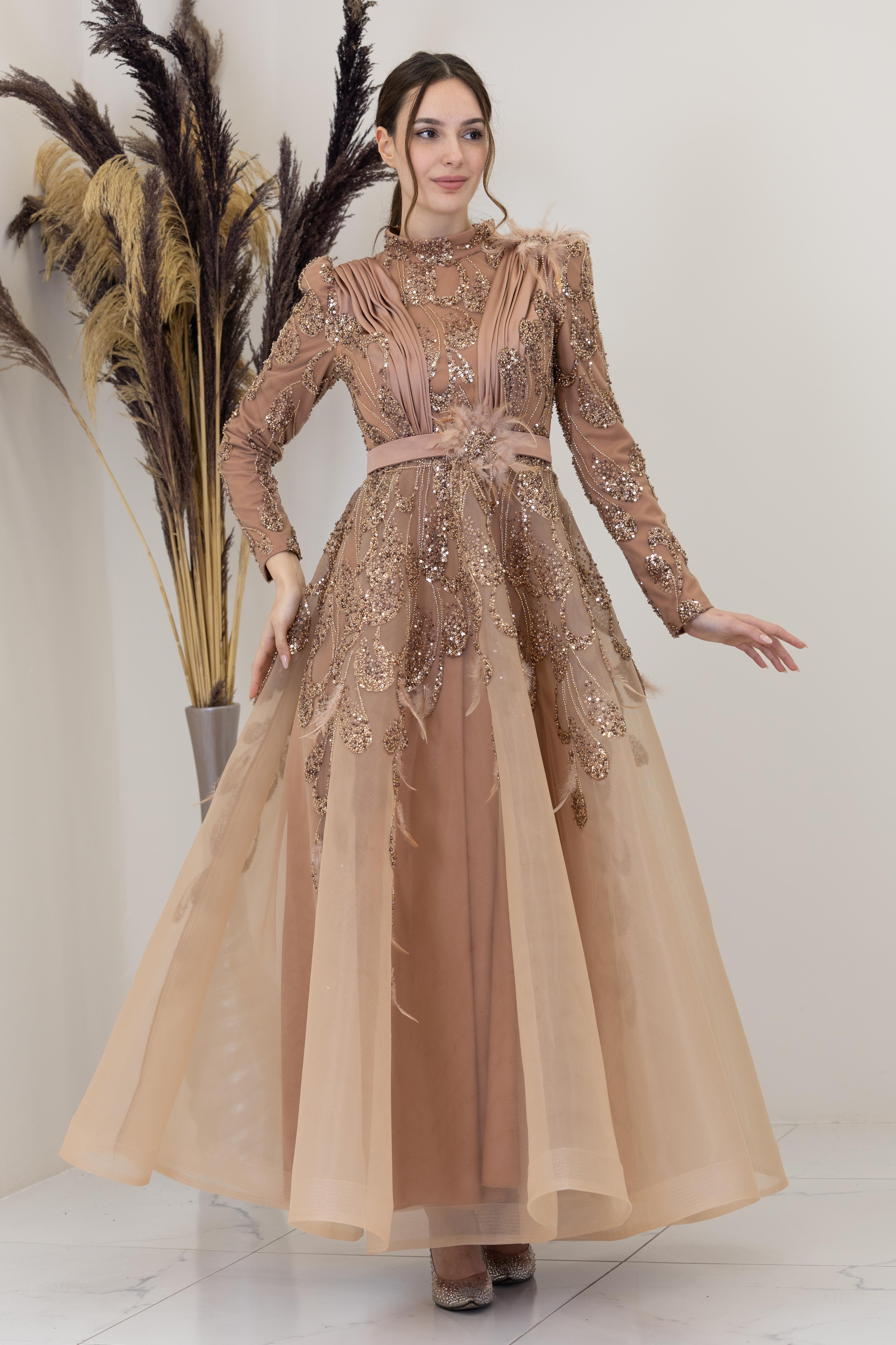 Omuzu ve Beli Tül Detayli Simge Abiye - Bakır