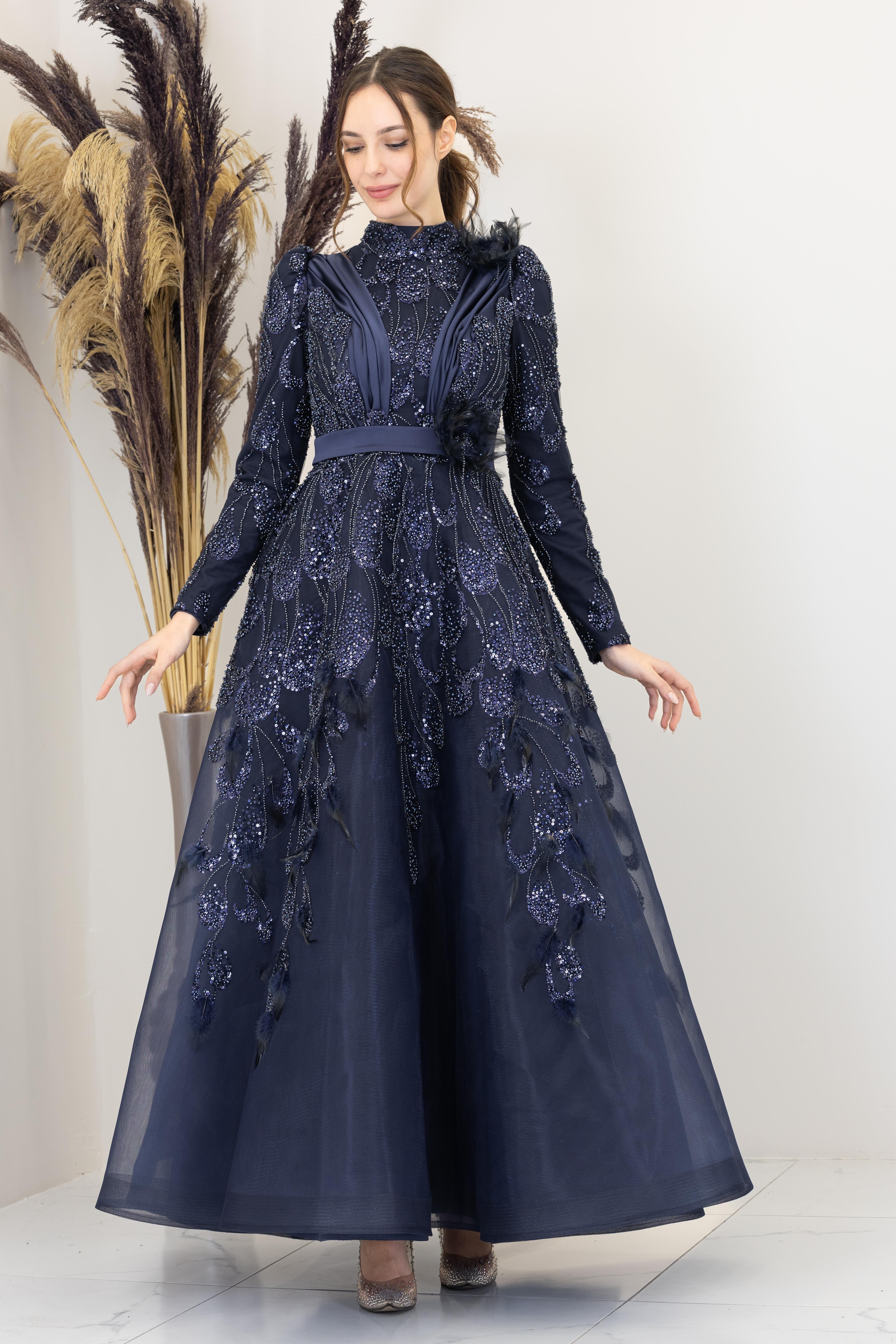 Omuzu ve Beli Tül Detayli Simge Abiye - Lacivert