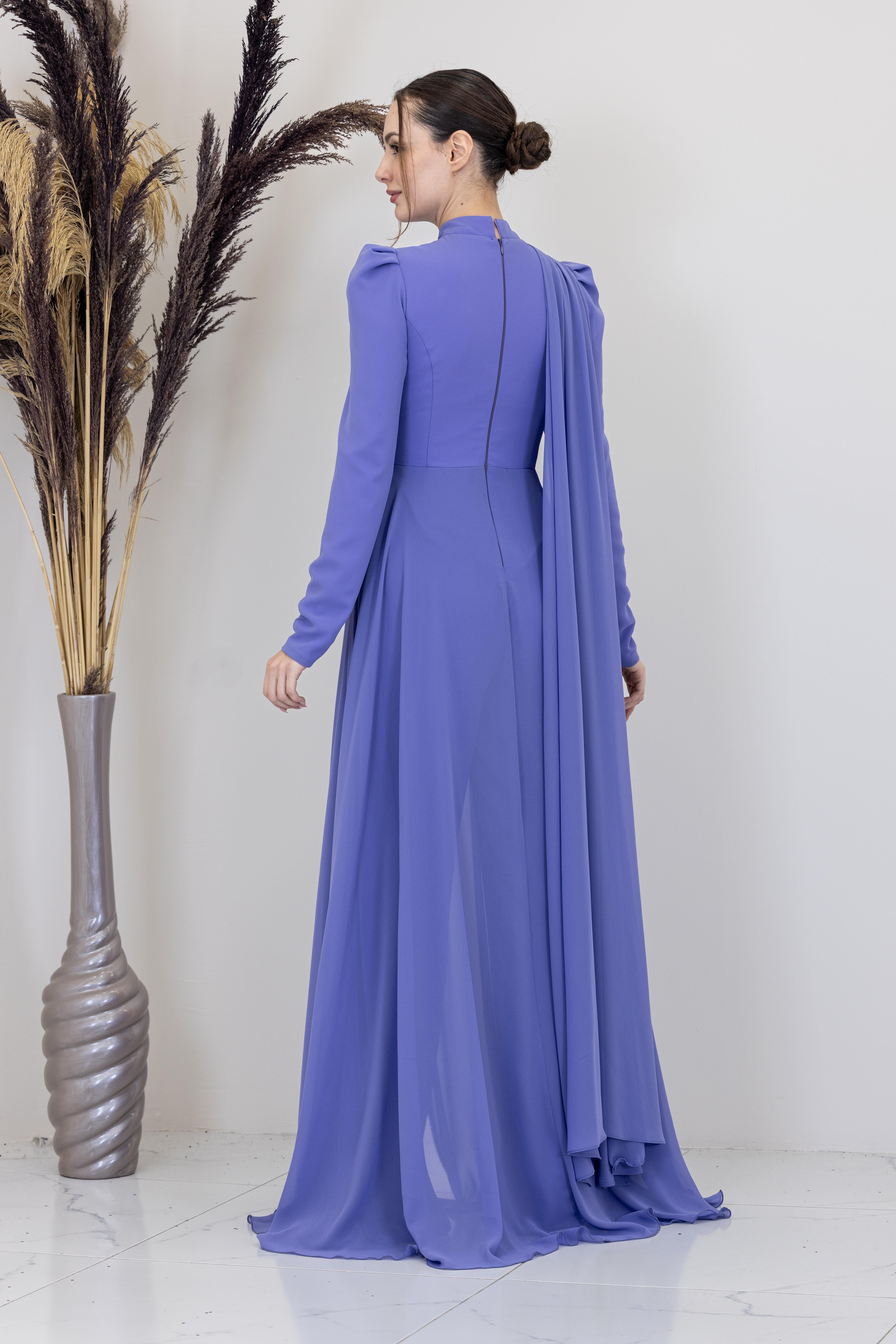 Omzu Pelerinli Çiçek Tulum - Lila