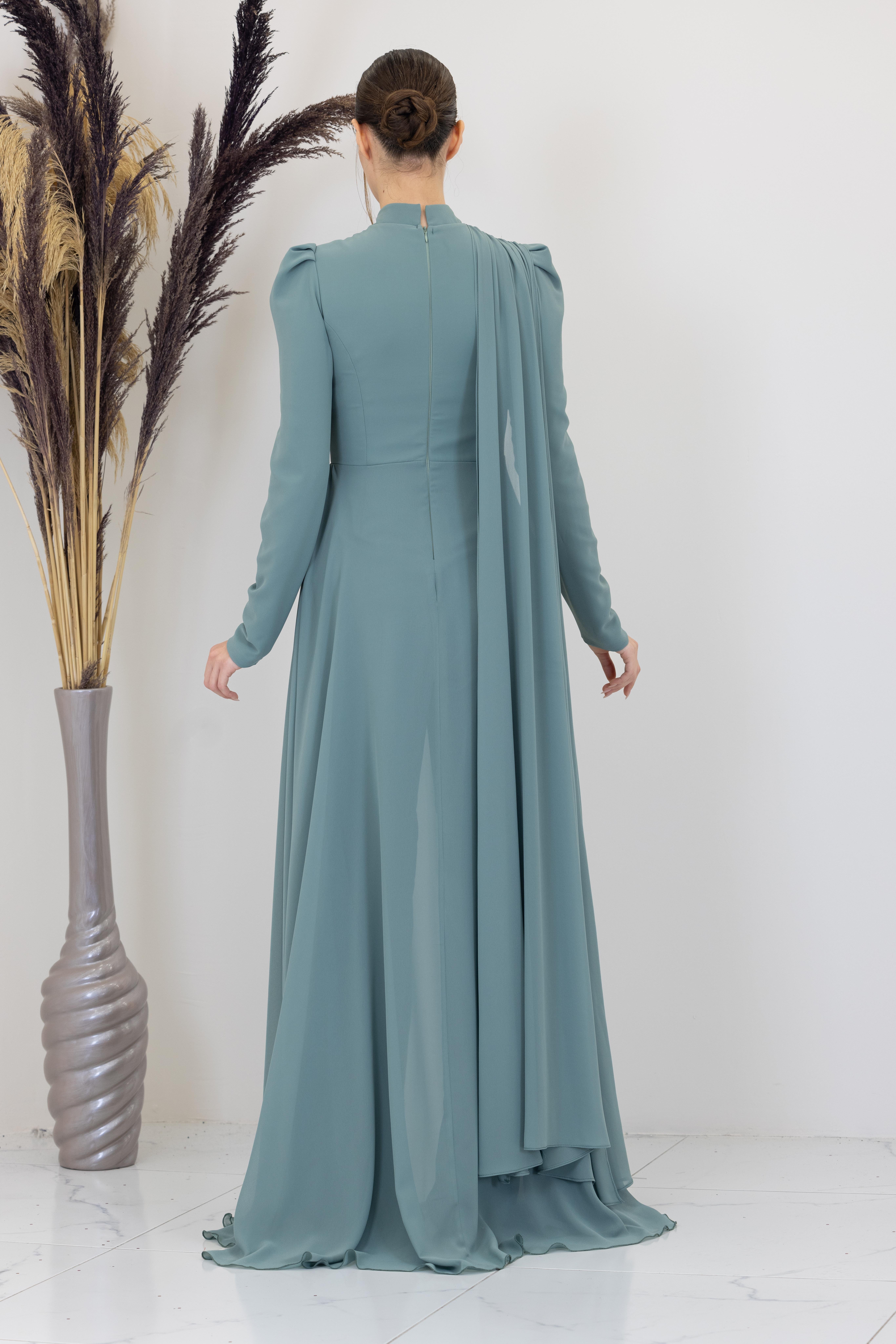 Omzu Pelerinli Çiçek Tulum - Mint