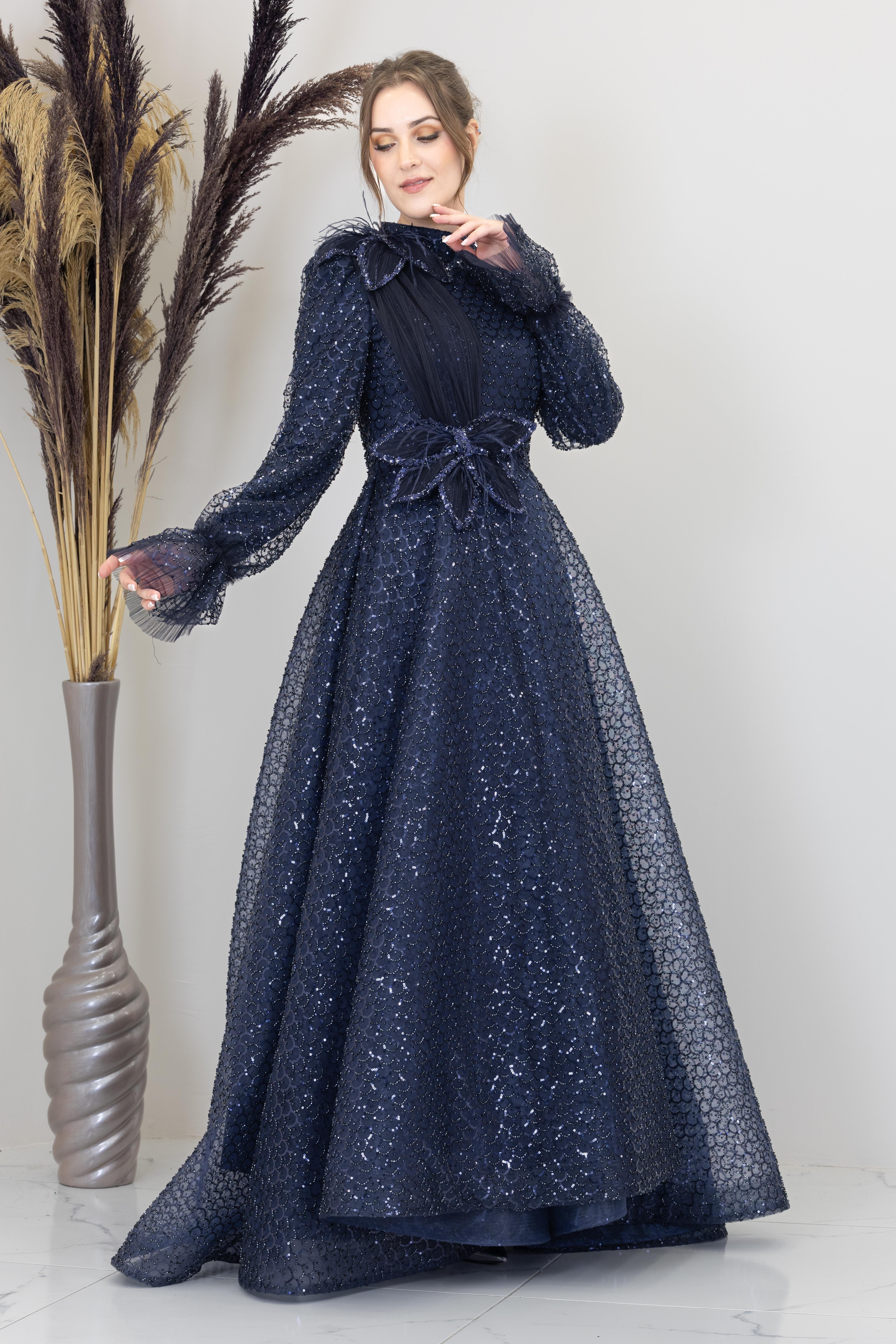 Omzu ve Beli Çiçek Detaylı Adel Abiye - Lacivert