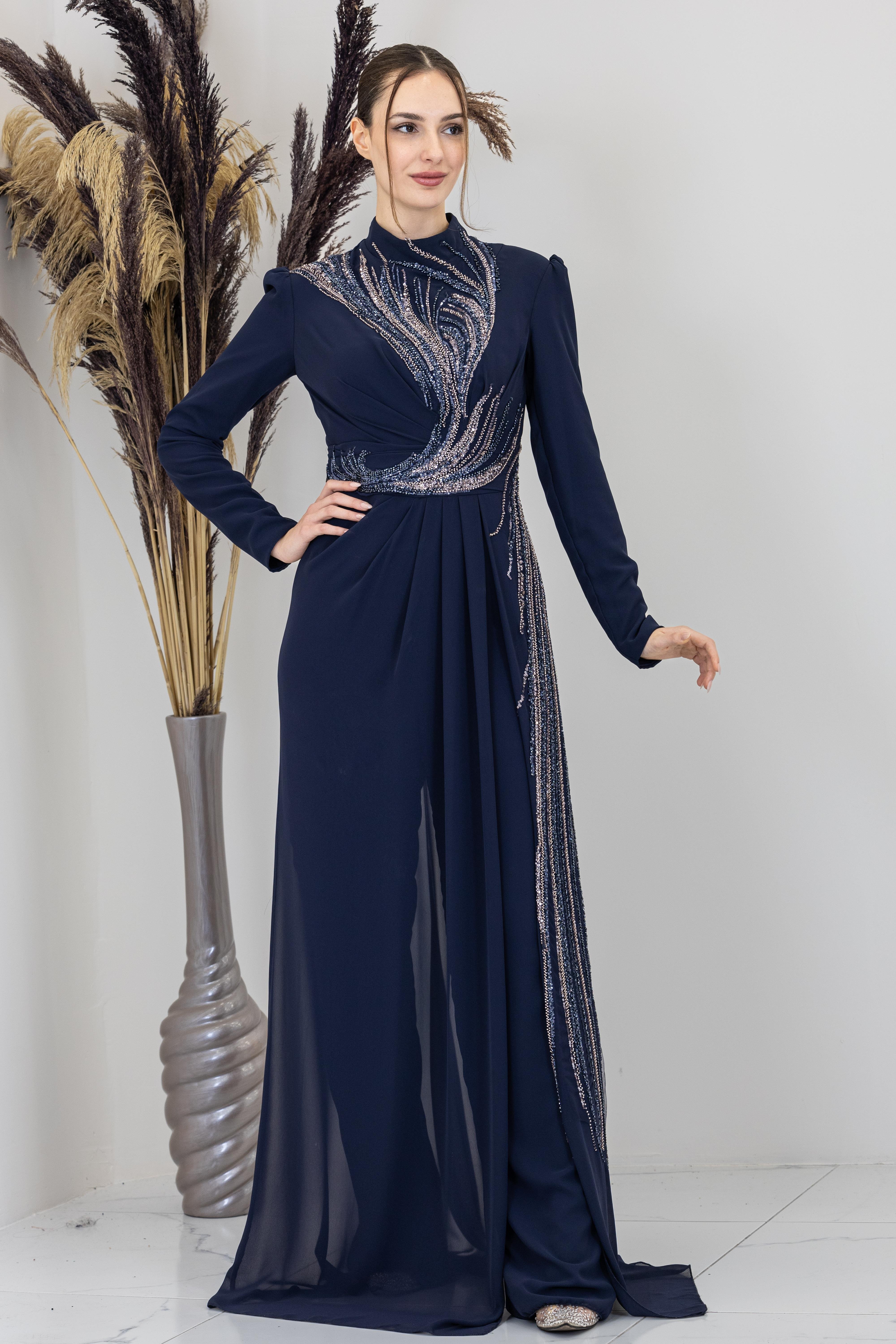 Önü Aplik İşlemeli Ebru Tulum - Lacivert