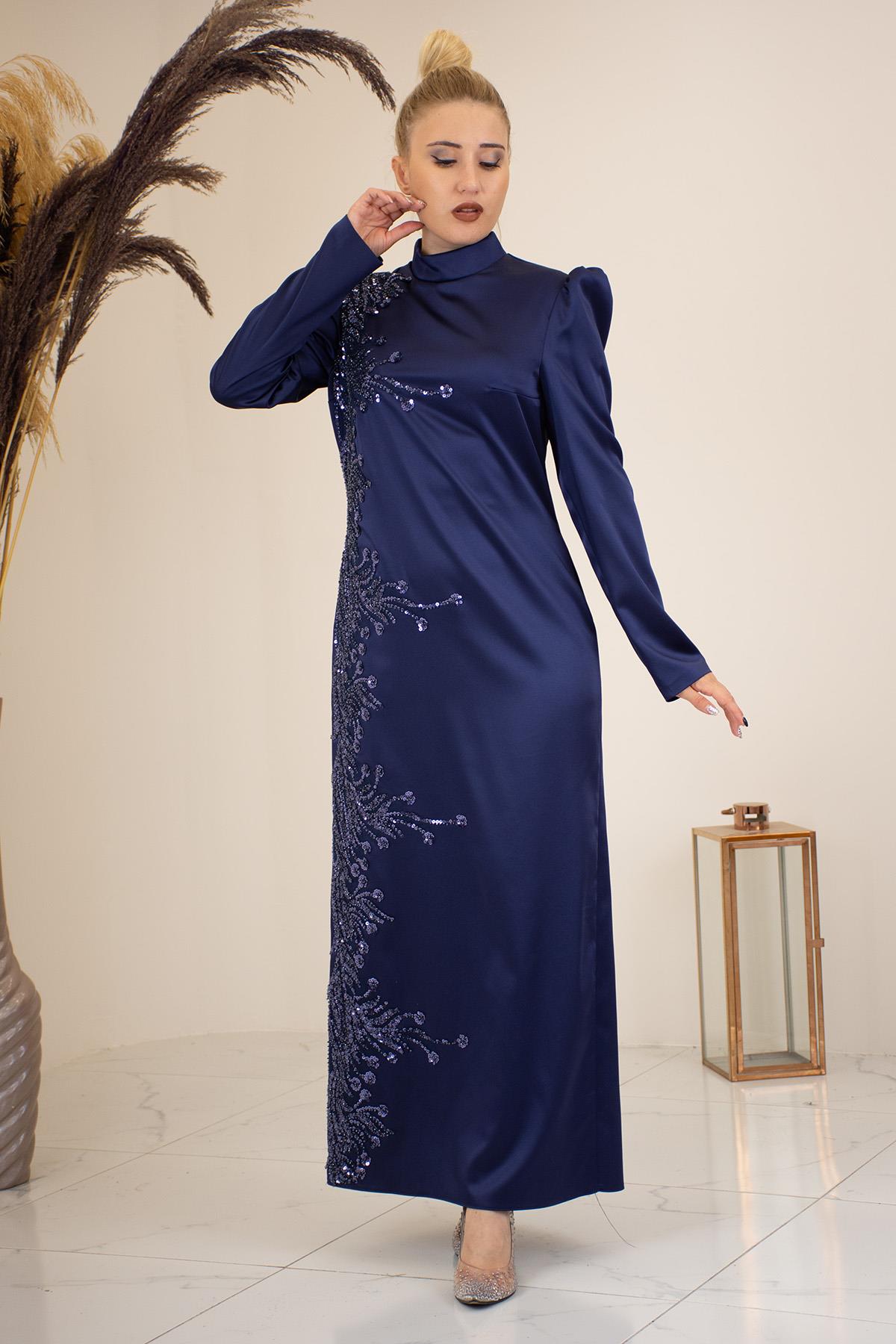 Önü Aplik işlemeli Kalem Hilal Tesettür Abiye - Lacivert