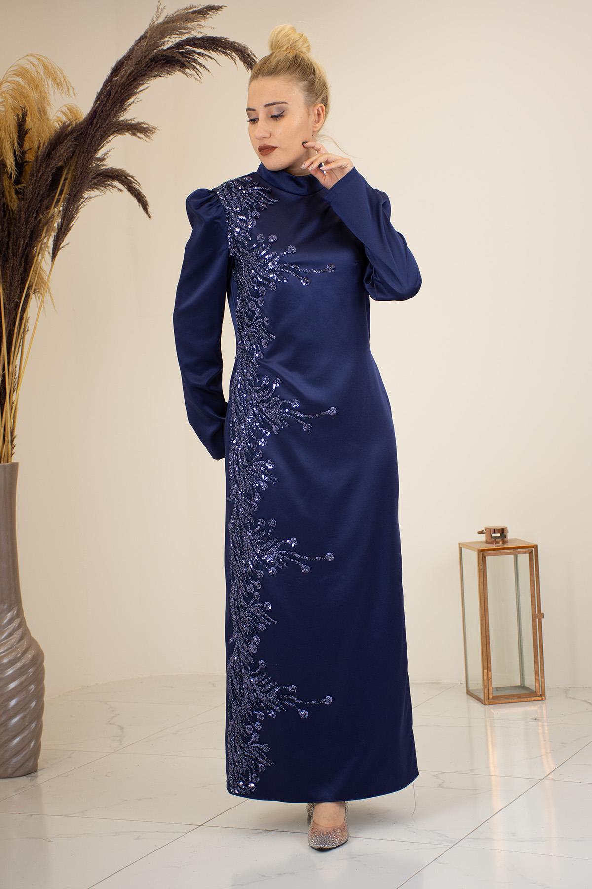 Önü Aplik işlemeli Kalem Hilal Tesettür Abiye - Lacivert