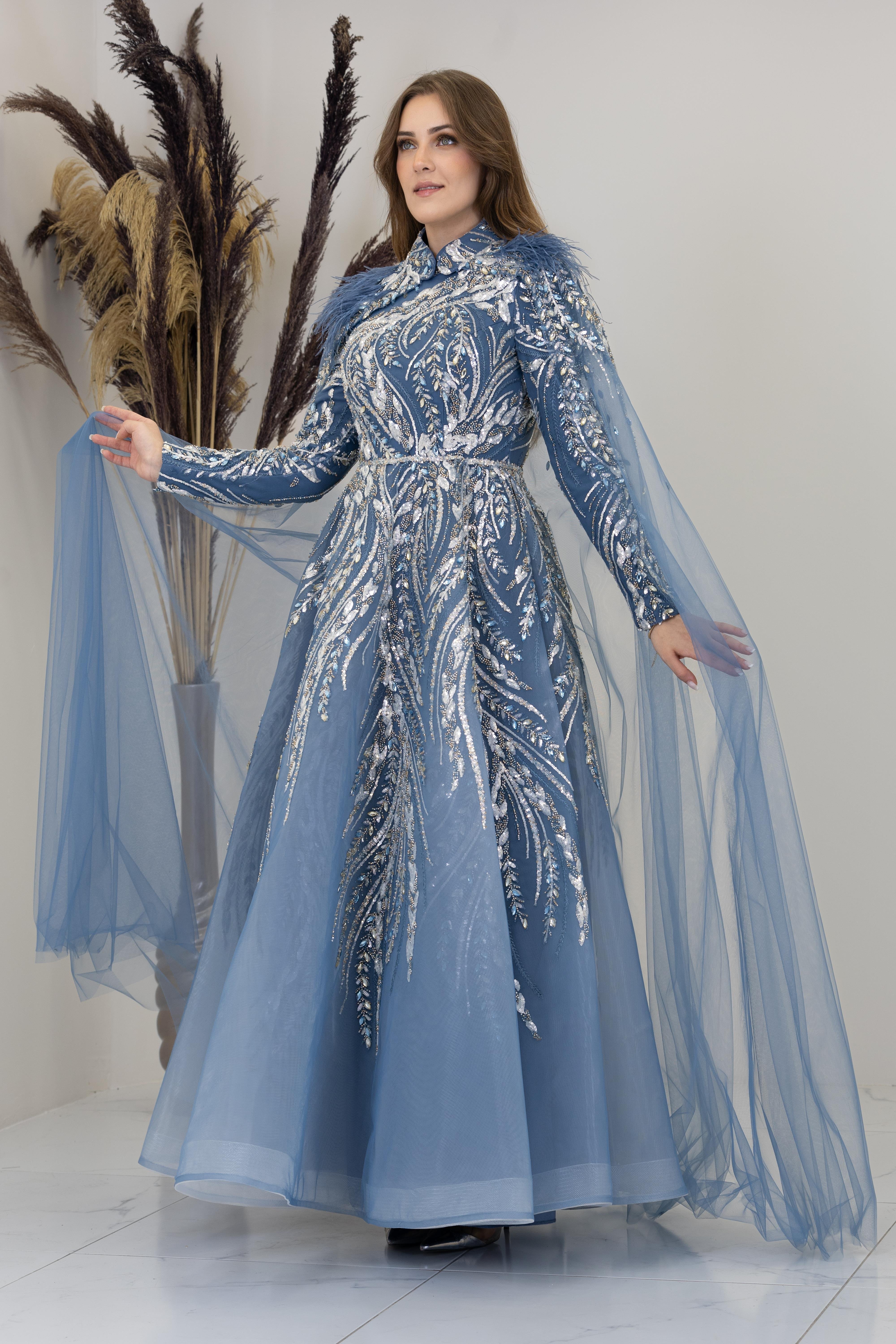 Önü Aplik İşlemeli Pelerinli Kayra Abiye - İndigo