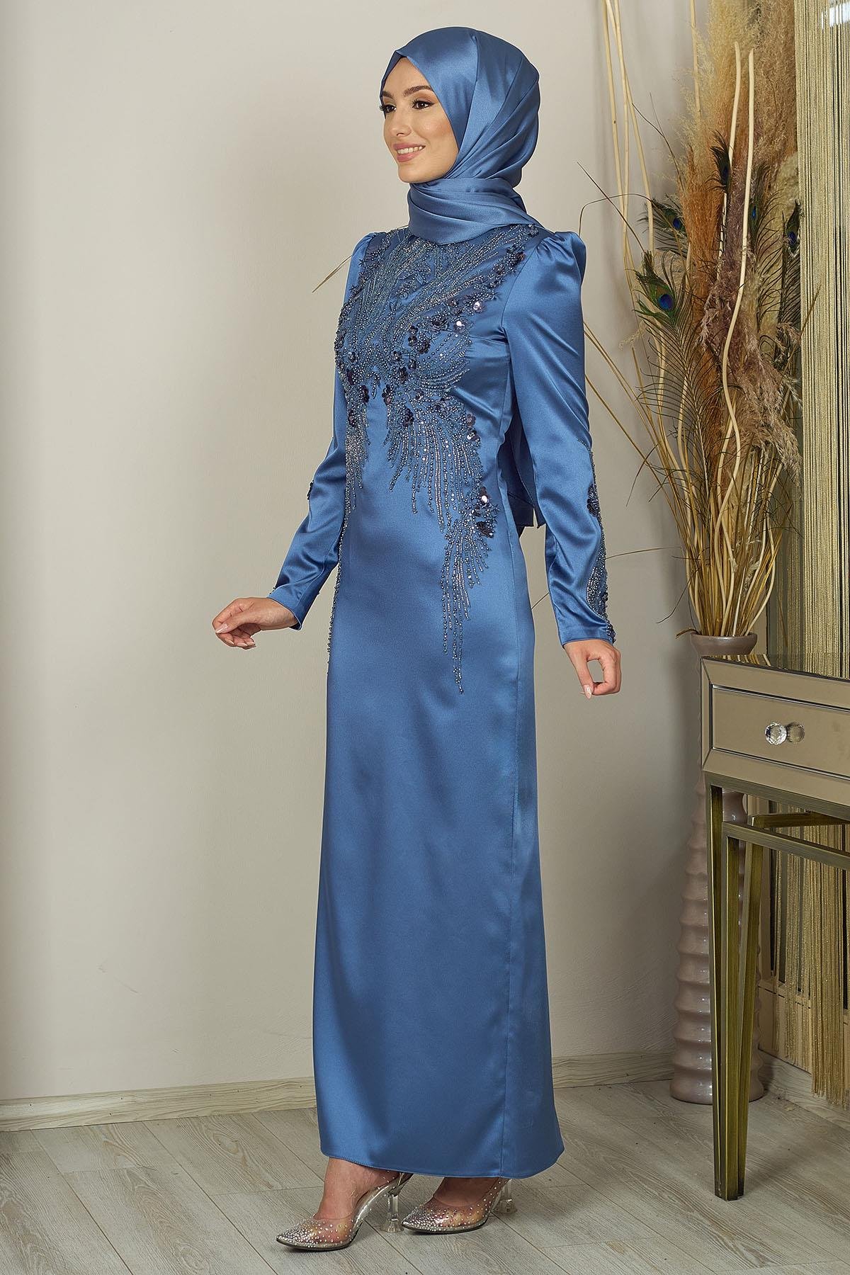 Önü Aplik İşlemeli Sıla Abiye-İndigo