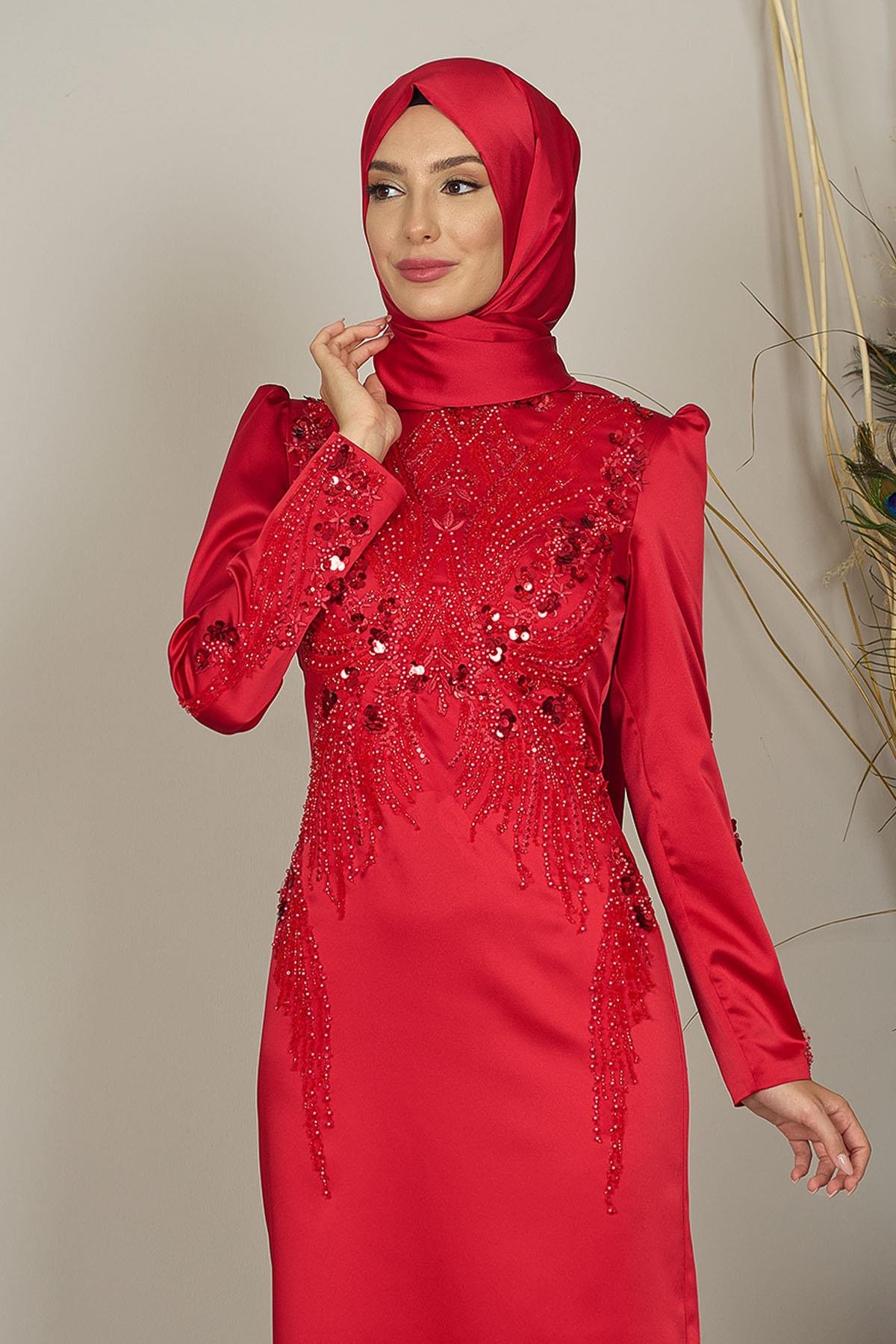 Önü Aplik İşlemeli Sıla Abiye-Kırmız