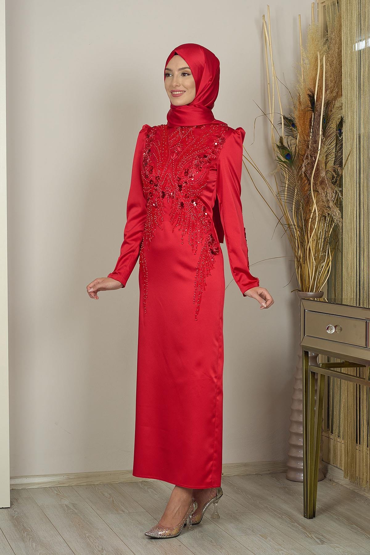 Önü Aplik İşlemeli Sıla Abiye-Kırmız