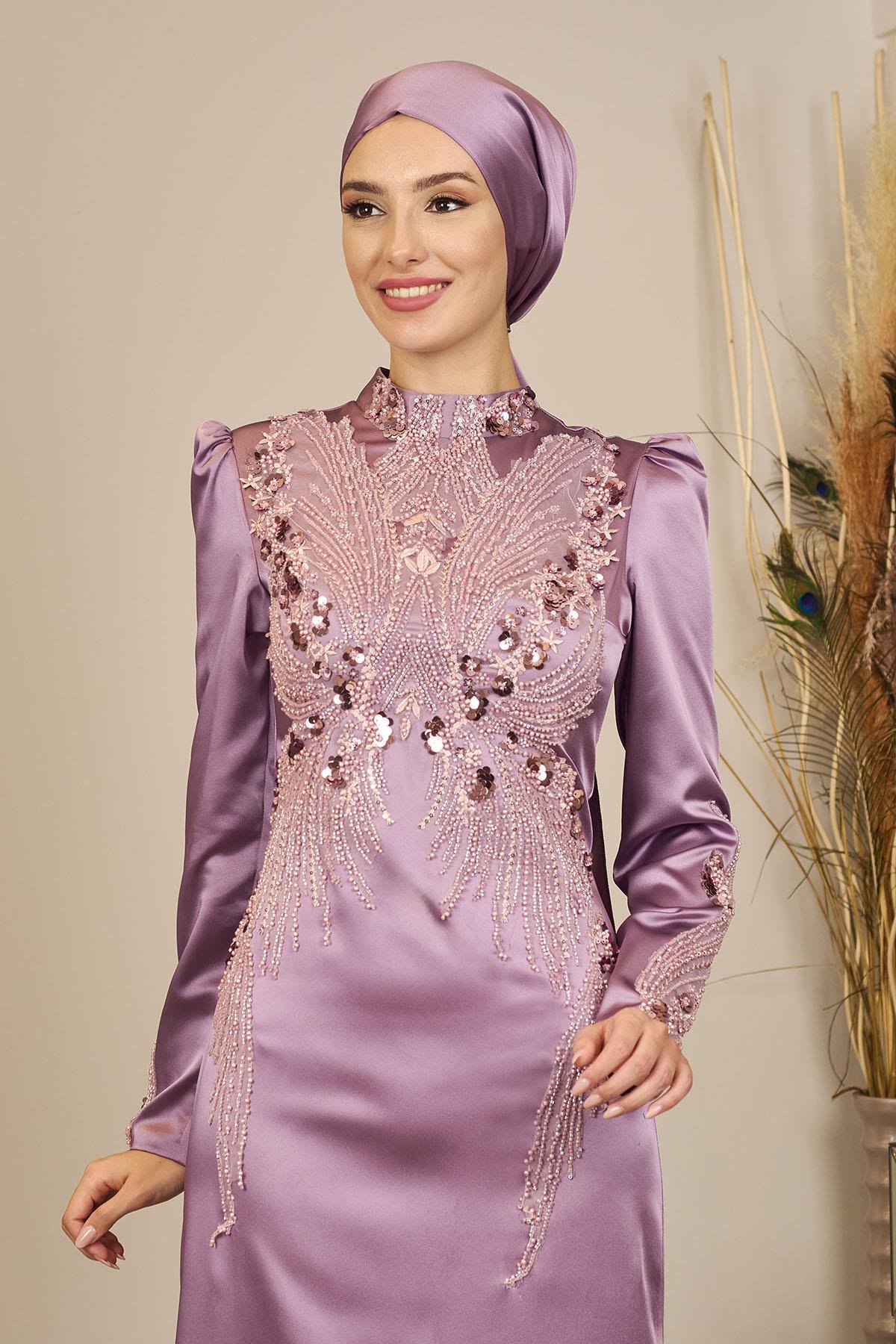 Önü Aplik İşlemeli Sıla Abiye-Lila