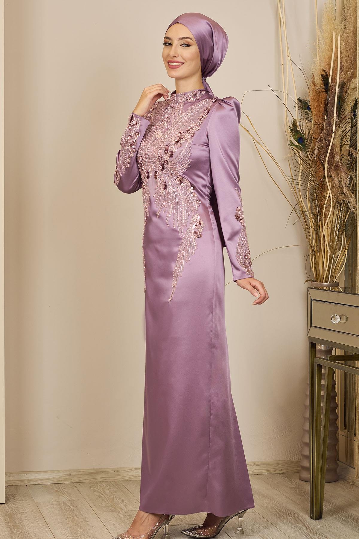 Önü Aplik İşlemeli Sıla Abiye-Lila