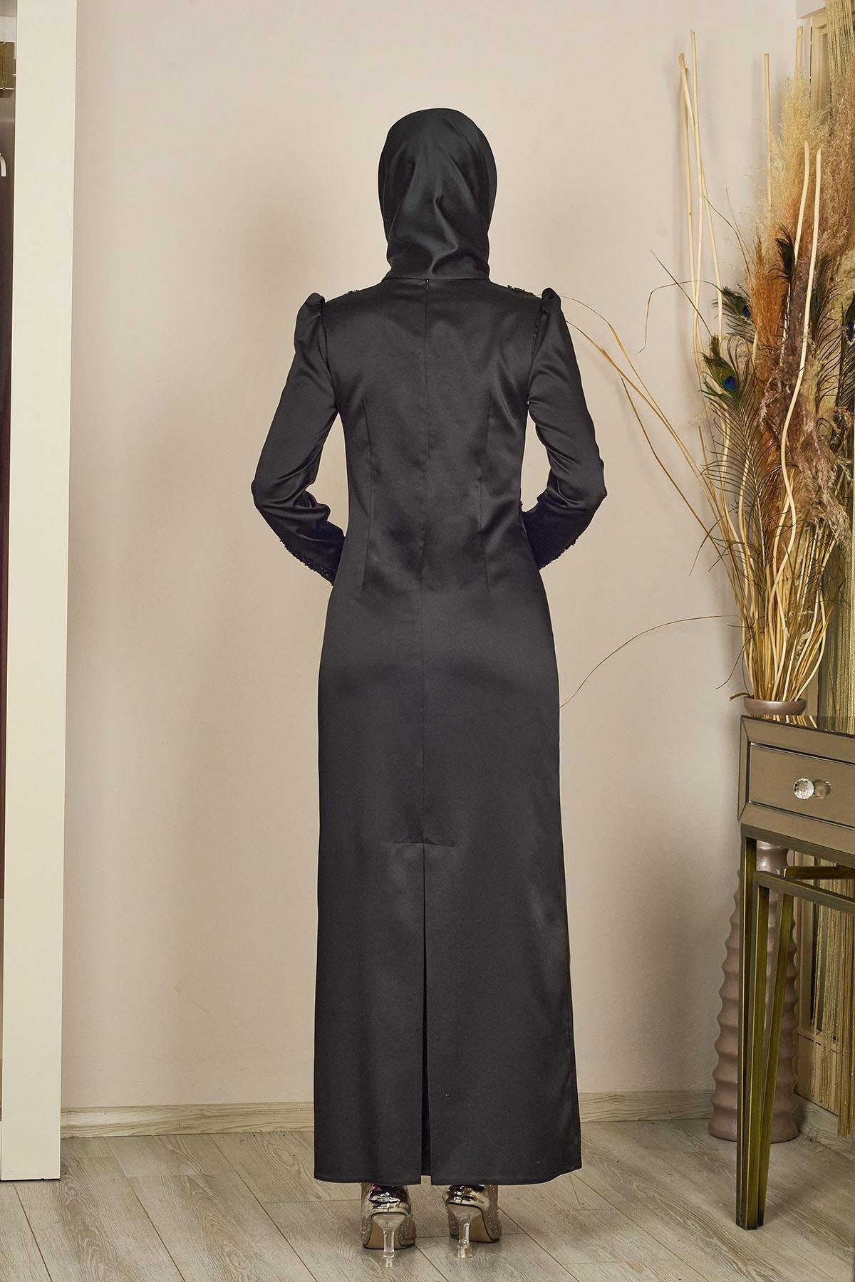 Önü Aplik İşlemeli Sıla Abiye-Siyah