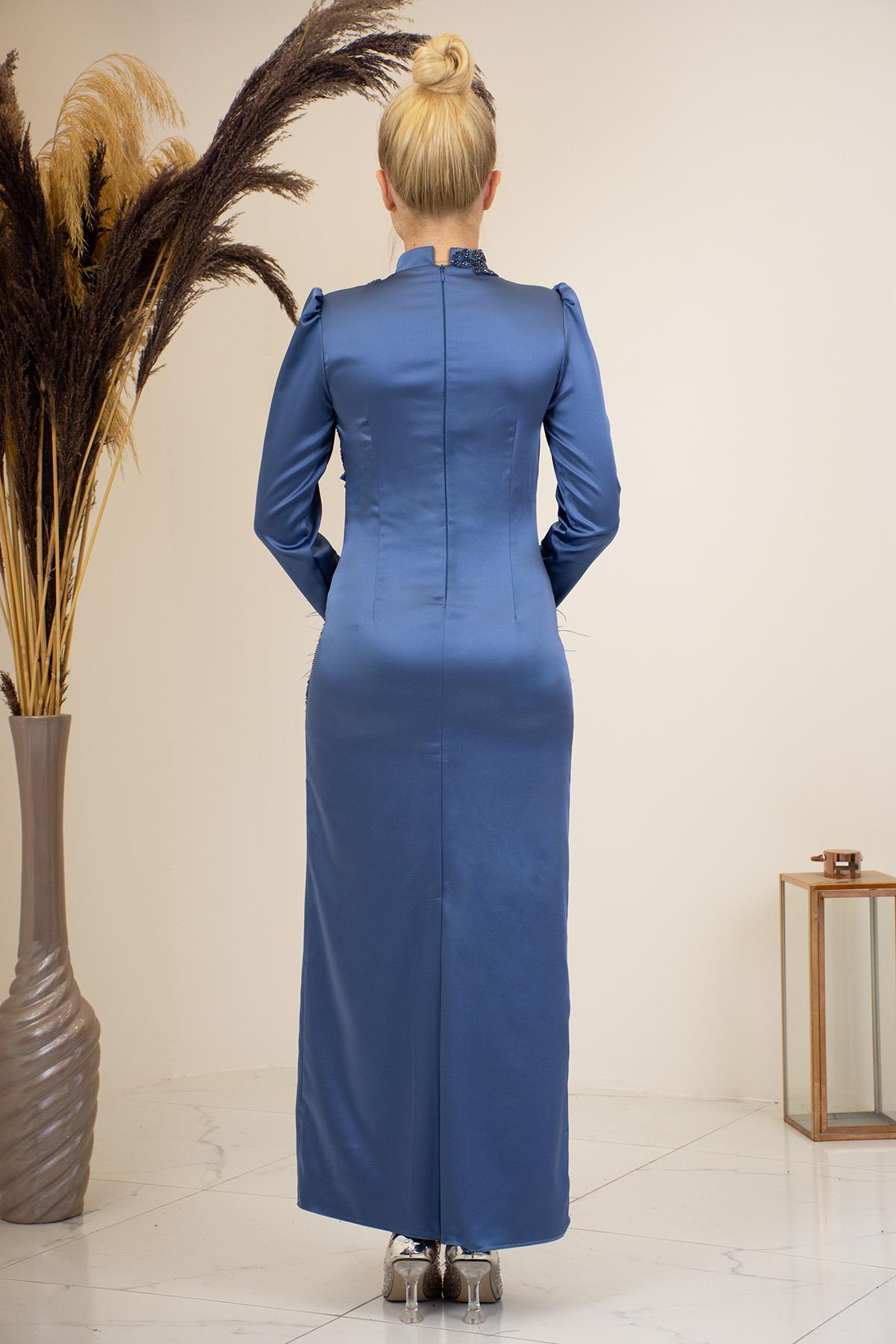 Önü Boncuk Aplik İşleme Kolları Tüylü Nara Abiye İndigo