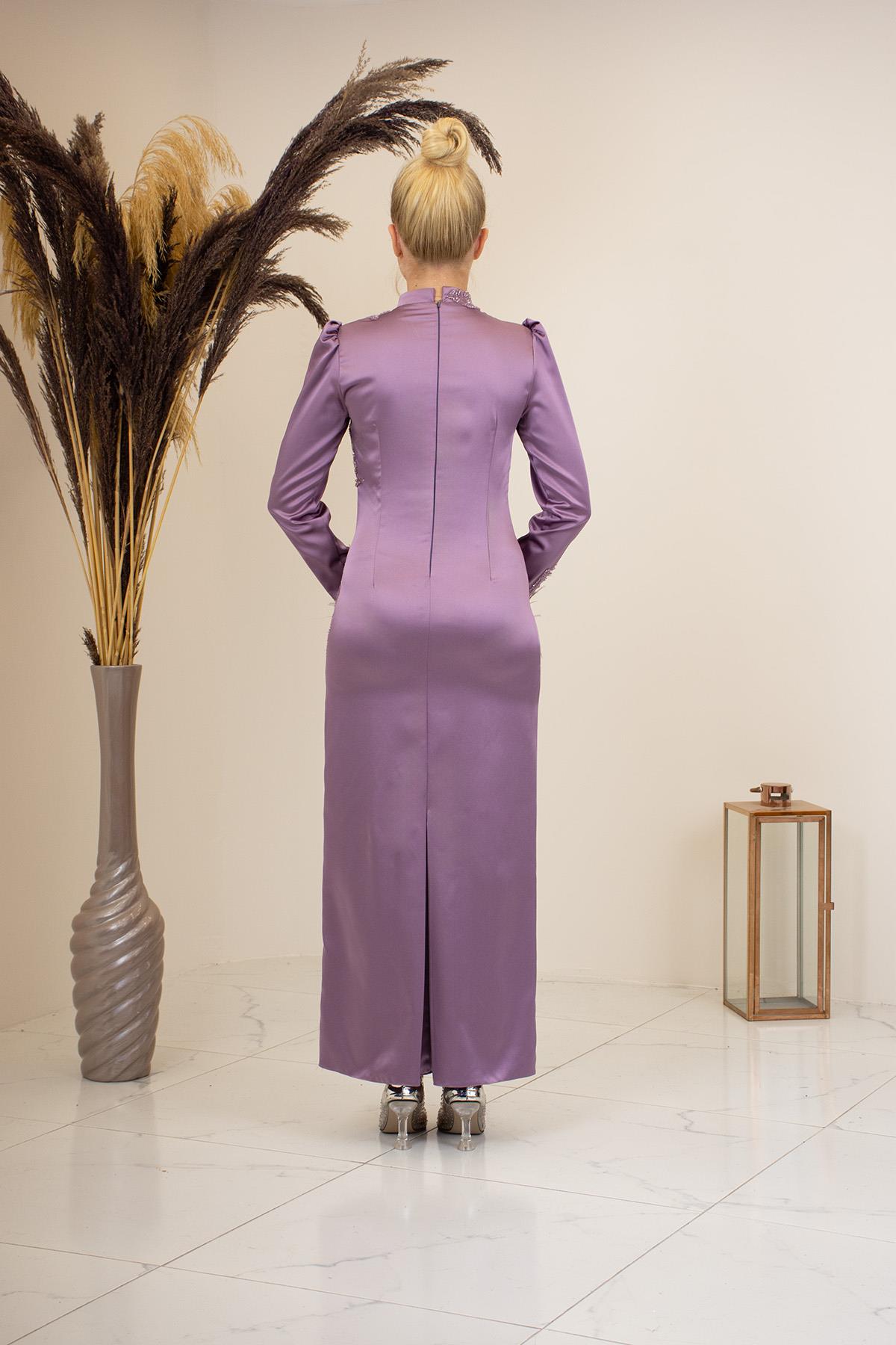 Önü Boncuk Aplik İşleme Kolları Tüylü Nara Abiye Gül Kurusu