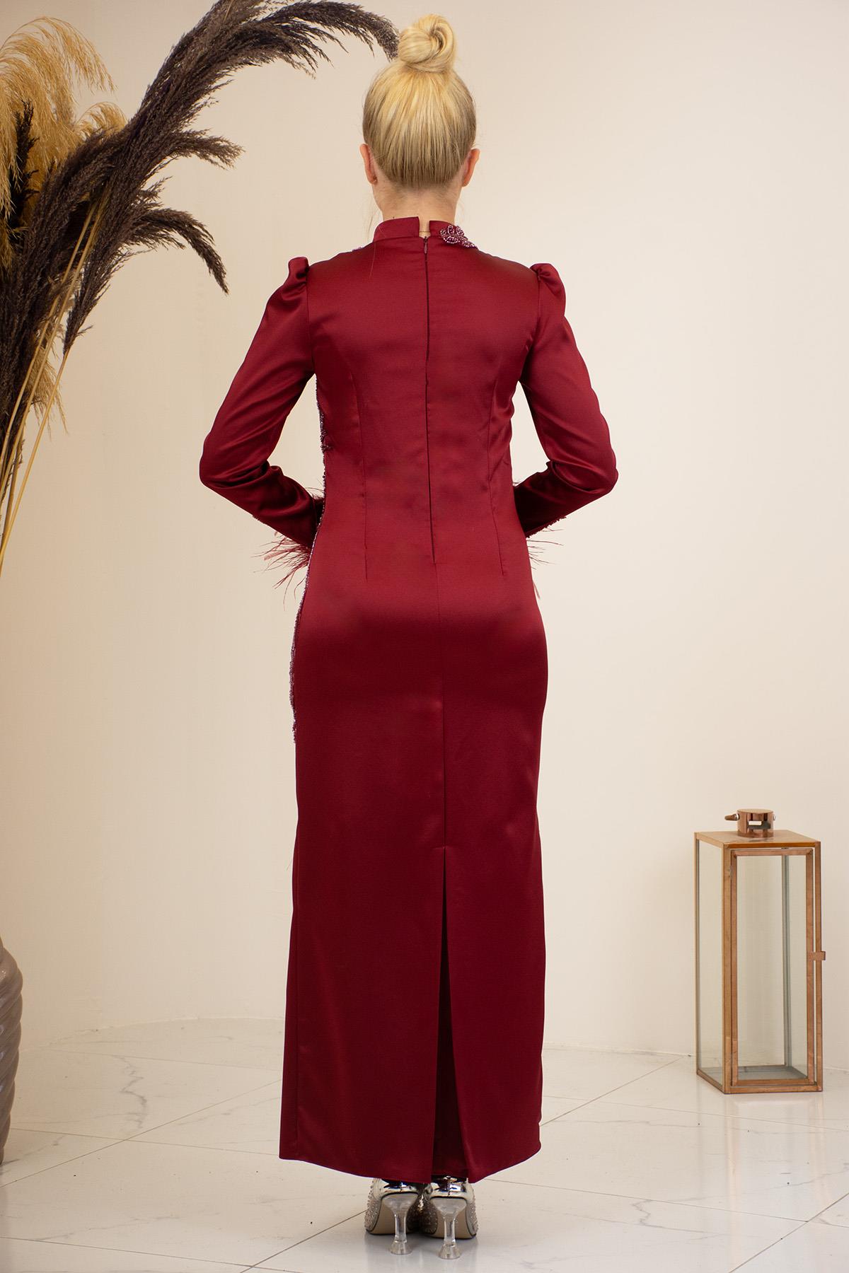 Önü Boncuk Aplik İşleme Kolları Tüylü Nara Abiye Bordo