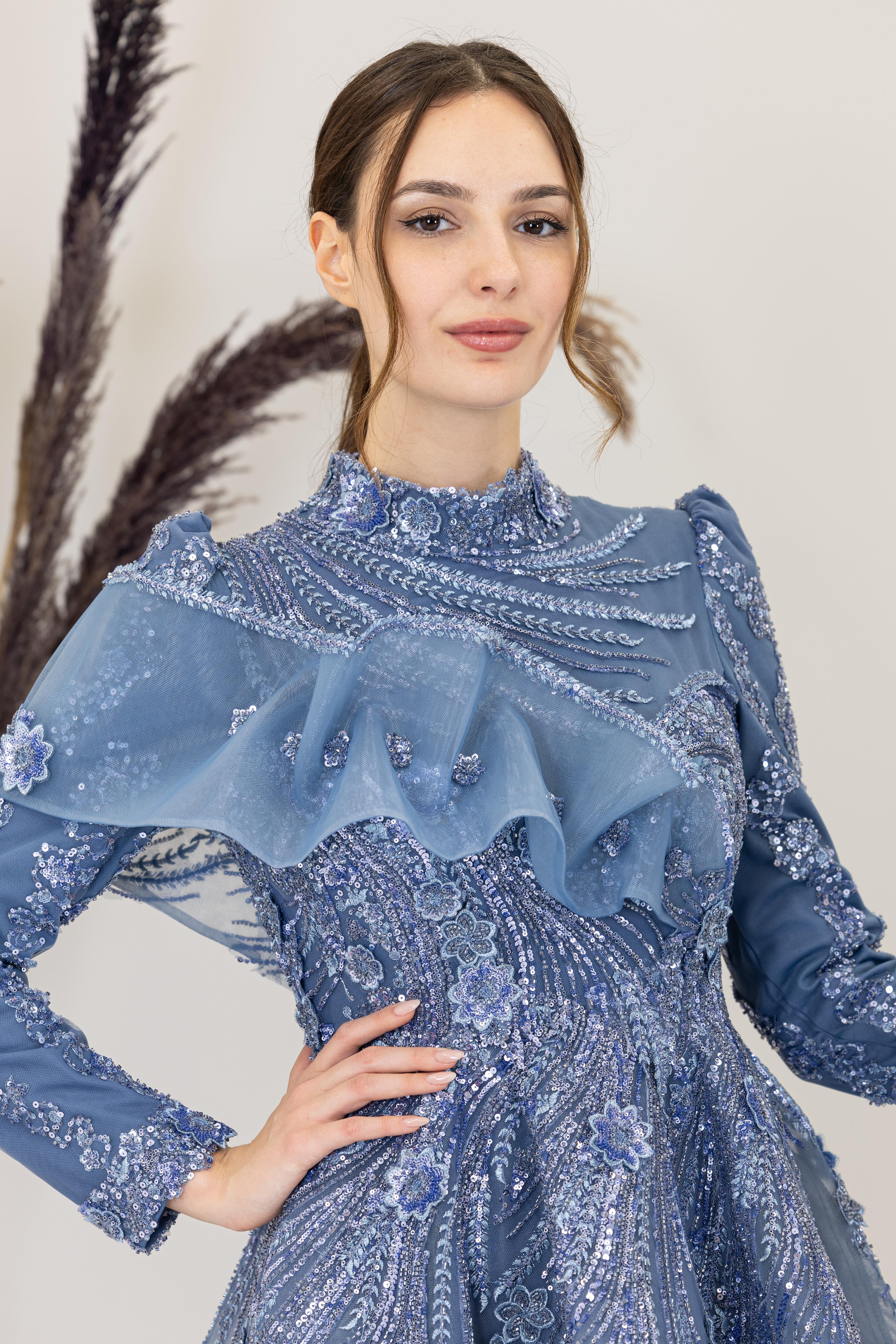 Önü Büzgü Detaylı Sara Abiye-İndigo