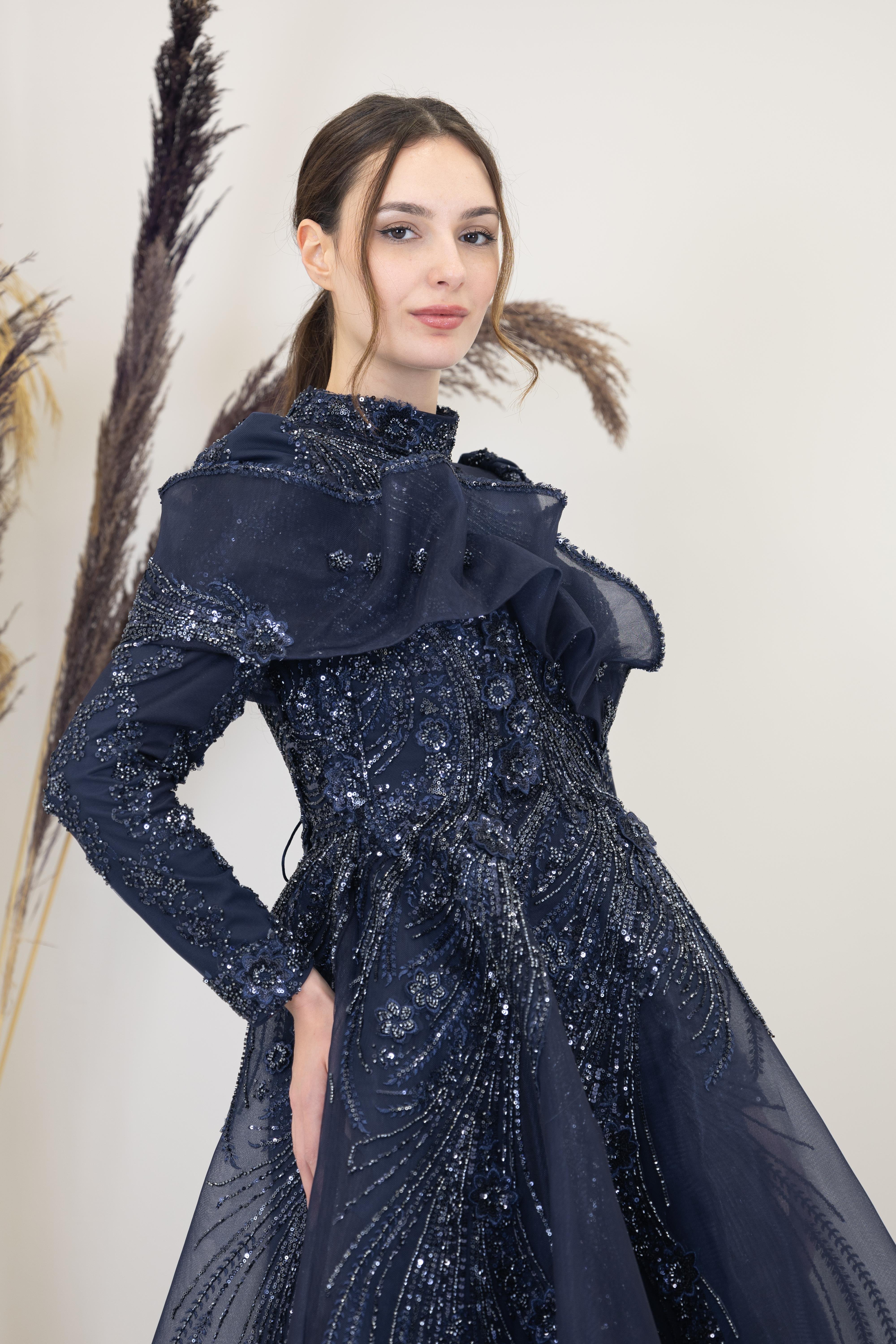 Önü Büzgü Detaylı Sara Abiye - Lacivert